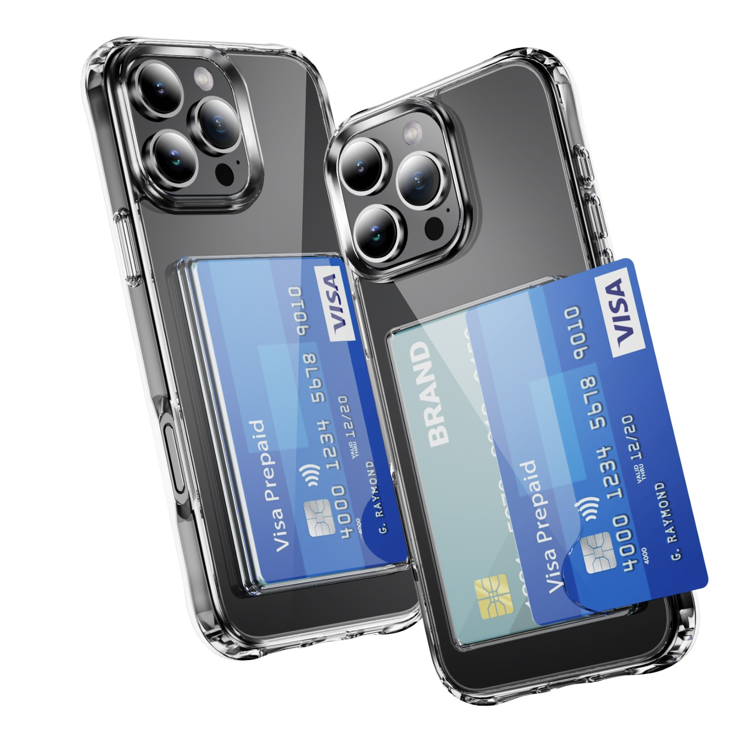 Due telefoni in custodie trasparenti con carte Visa prepagate attaccate. Le carte mostrano numeri e il logo Visa.