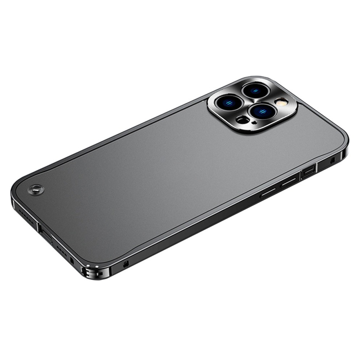 Una custodia grigia per telefono su una superficie bianca. Ha un modulo fotocamera e una cornice nera. La custodia è angolata verso lo spettatore.