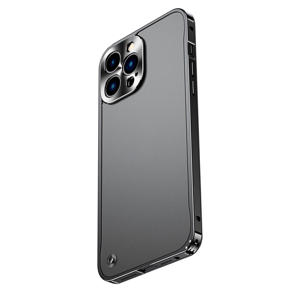 Una custodia grigia per smartphone, leggermente angolata, con un modulo fotocamera sul retro. Ha una finitura lucida e una cornice nera.