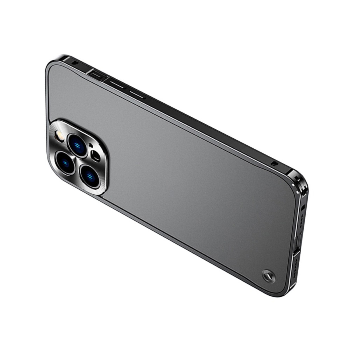 Una custodia grigia per telefono con cornice nera. Il modulo fotocamera è visibile. La custodia è angolata, mostrando il suo design e i dettagli.