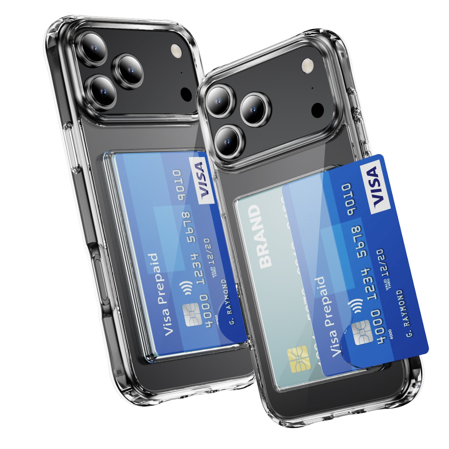 Due telefoni con custodie trasparenti, ciascuno con una carta Visa blu. Le carte hanno numeri e il logo Visa. Lo sfondo è bianco.