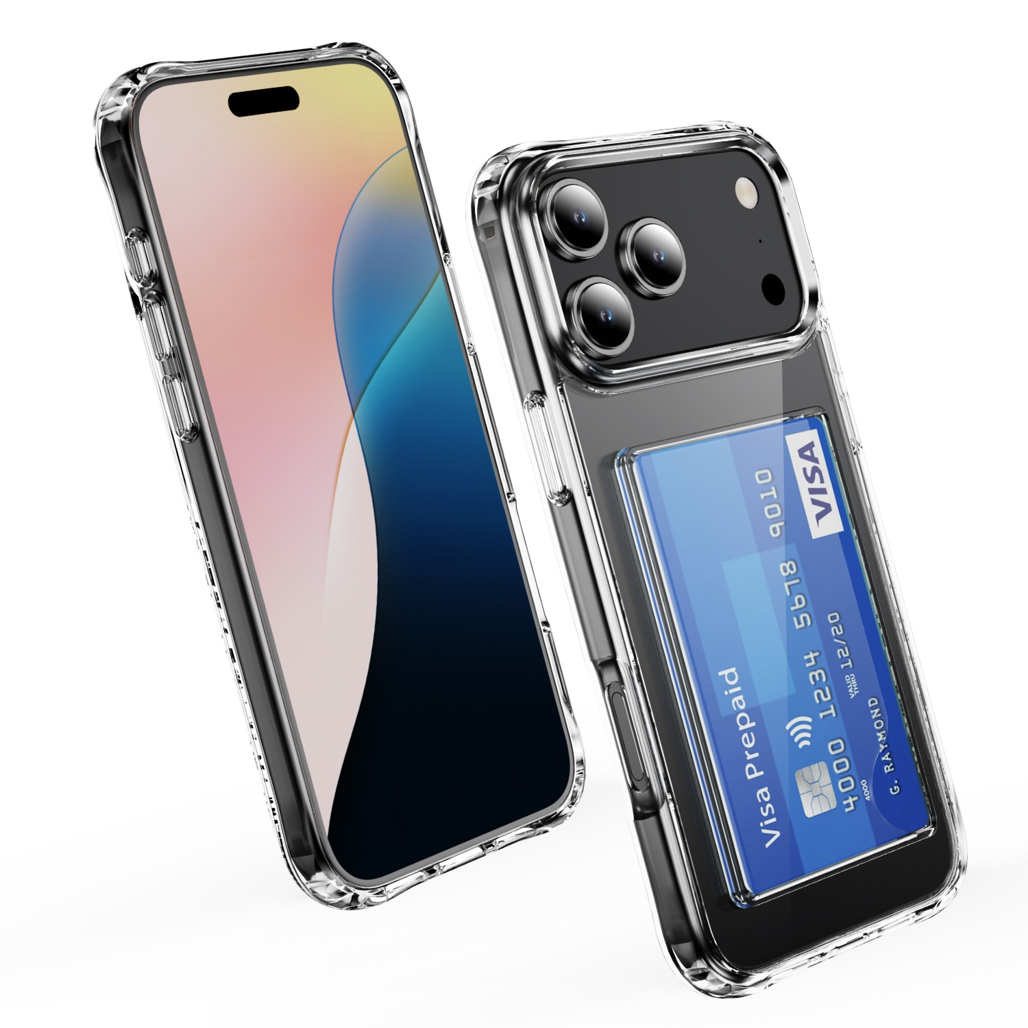 Due custodie trasparenti per telefoni. Una mostra lo schermo del telefono, l'altra ha una carta di credito. Entrambe su sfondo bianco.