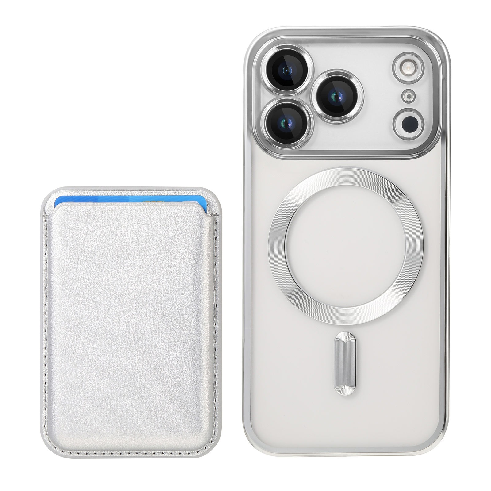 Custodia bianca per telefono con porta carte. Custodia con lenti. Porta carte a sinistra.