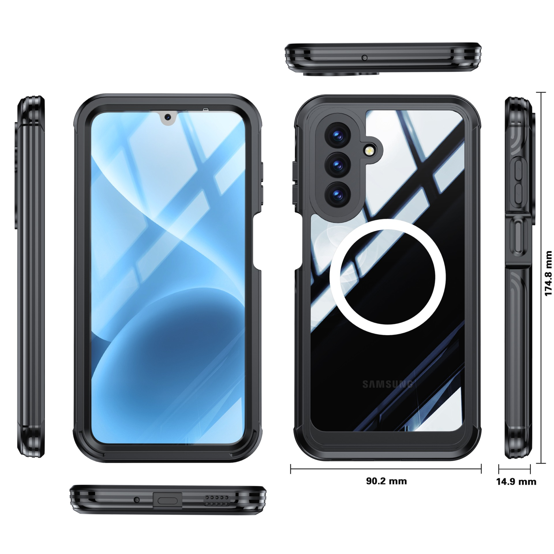 Custodia per telefono nera. Viste anteriore, posteriore e laterale con dimensioni. Lo schermo del telefono mostra un design astratto blu.