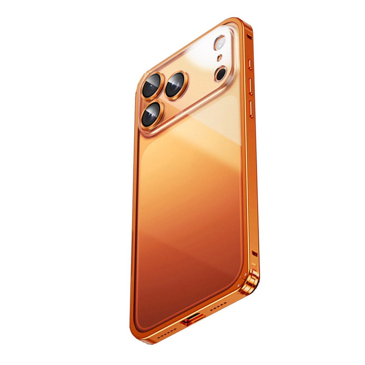 Eine orangefarbene Handyhülle mit Farbverlauf. Sie hat einen Metallrahmen und drei Kameralinsen. Der Hintergrund ist weiß.
