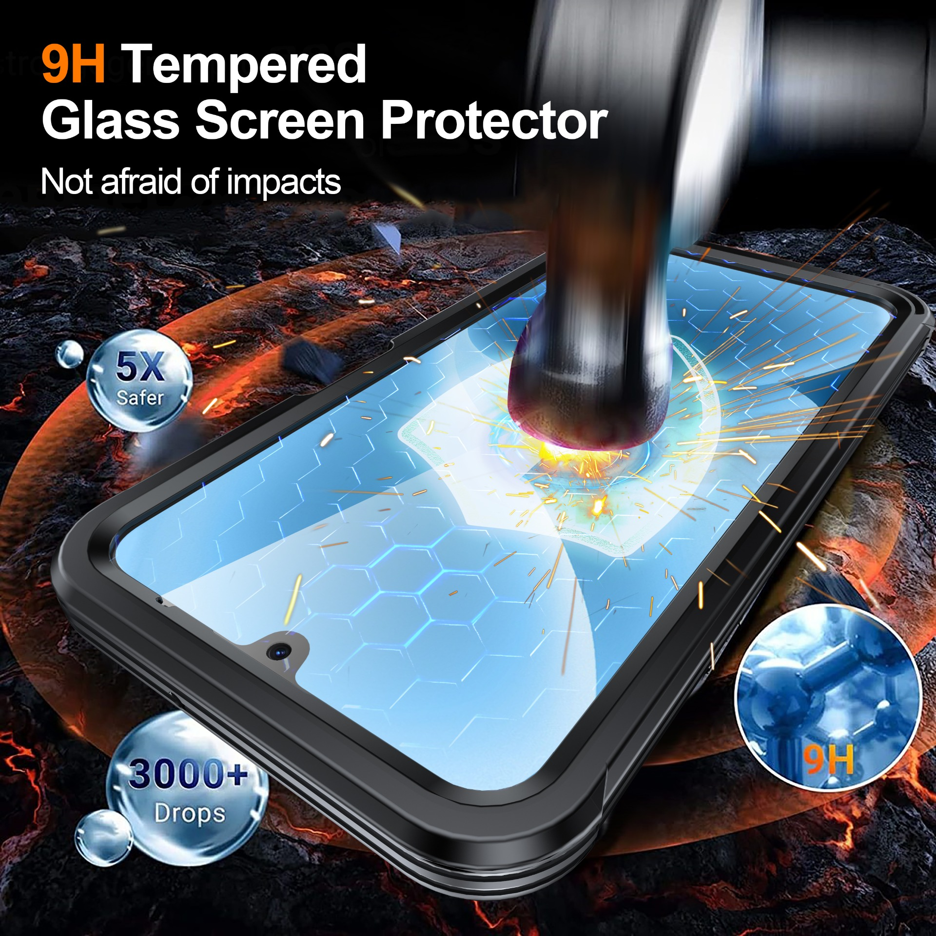 Un proteggi schermo del telefono viene colpito da un oggetto metallico, con scintille. Il testo dice '9H Tempered Glass', '5X Safer'.