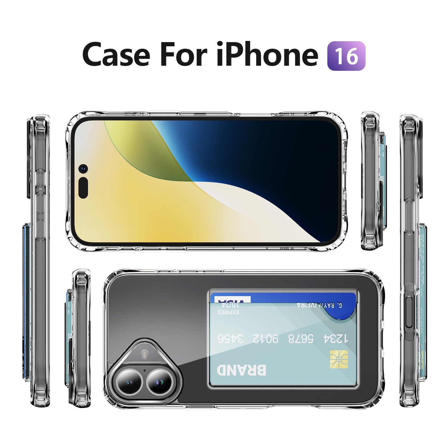 Custodia trasparente per iPhone 16 con slot per carte, con display del telefono e dettagli della fotocamera. Testo 'Case For iPhone 16' visibile.