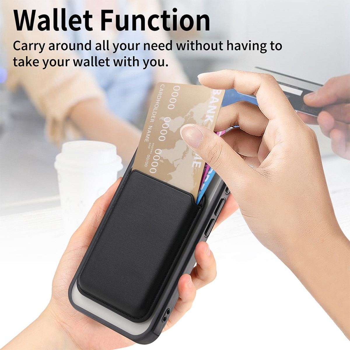 Una mano inserisce una carta in una custodia per telefono. La custodia ha una funzione portafoglio. Il testo dice 'Wallet Function' e 'Carry around all your need'.