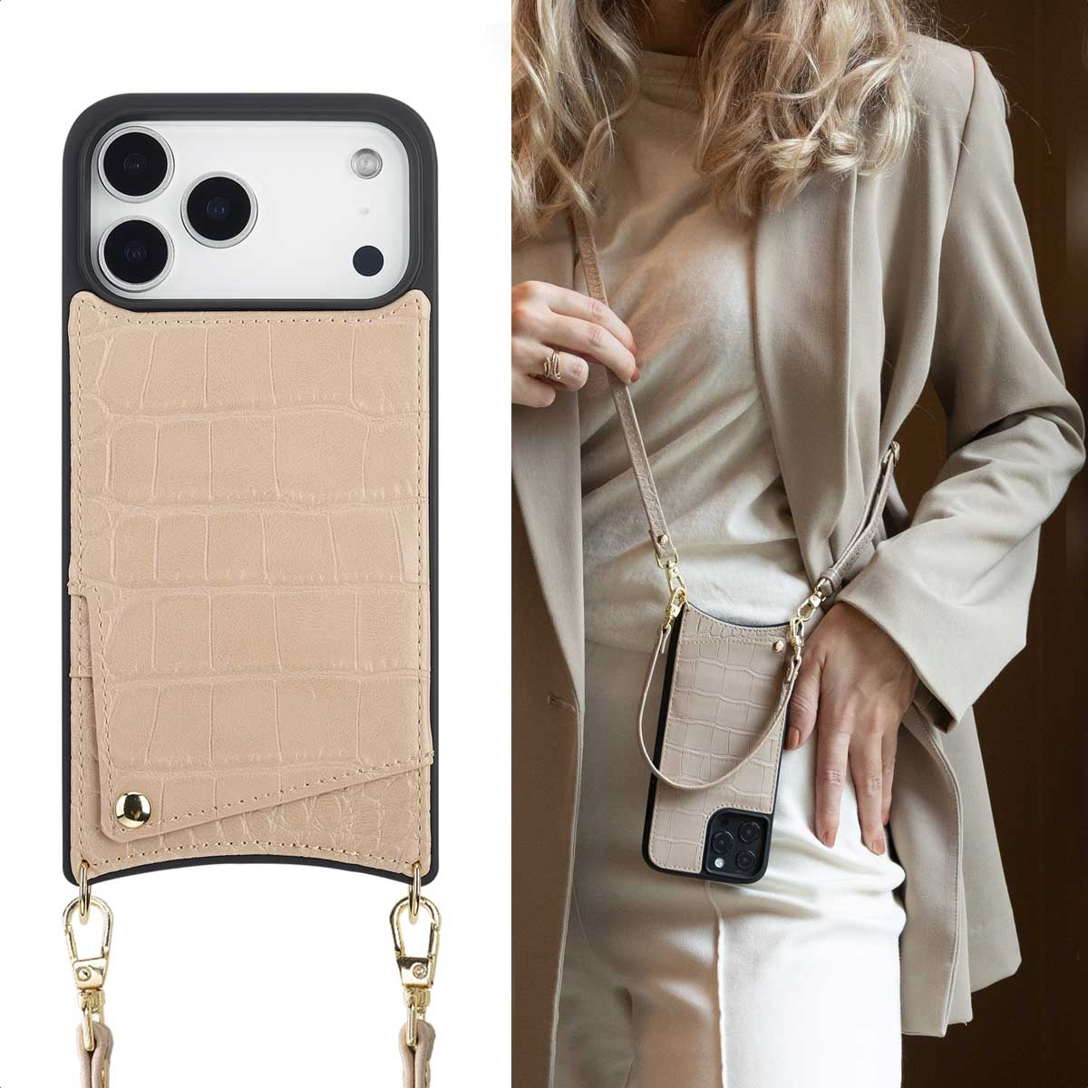 Een vrouw houdt een telefoonhoesje met een bandje vast. De hoes is beige, met een krokodillenstructuur. De vrouw draagt een beige blazer en witte broek.