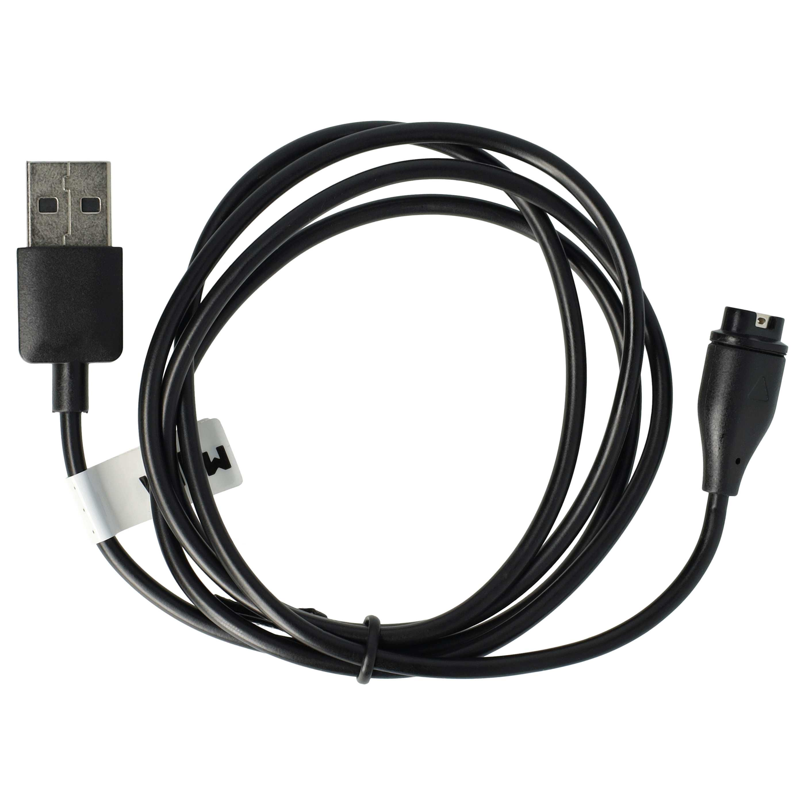 Ein schwarzes USB-Kabel mit USB-Anschluss und Geräteanschluss. Das Kabel ist geschlungen und hat ein weißes Etikett.
