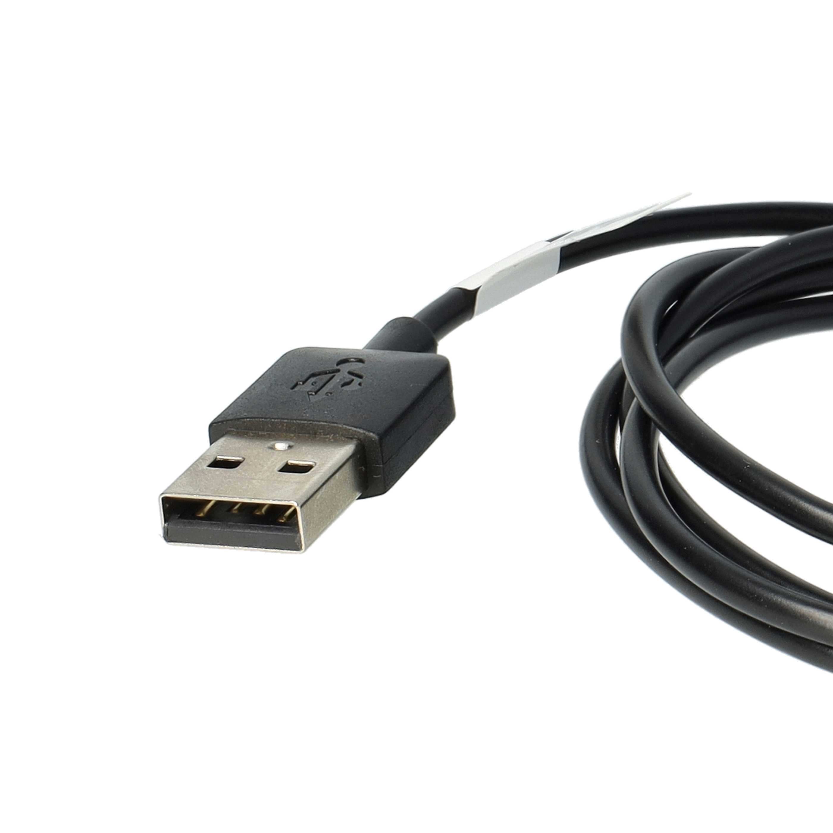 Ein schwarzes USB-Kabel mit einem USB-Anschluss an einem Ende und einem aufgerollten Kabel am anderen Ende, weißer Hintergrund.