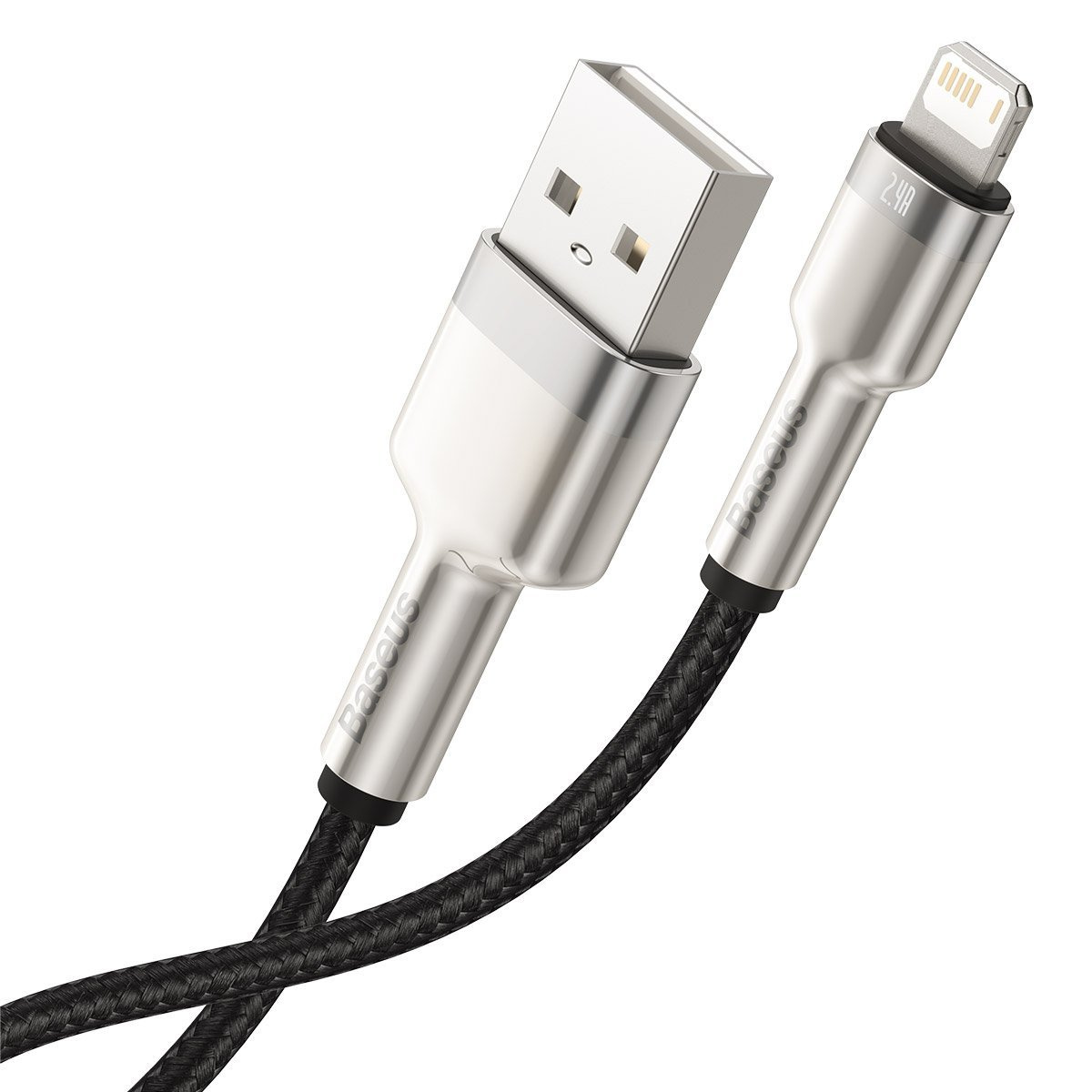 Srebrny kabel USB do Lightning. Kabel ma czarną plecioną konstrukcję. Końce są oznaczone logo Baseus.