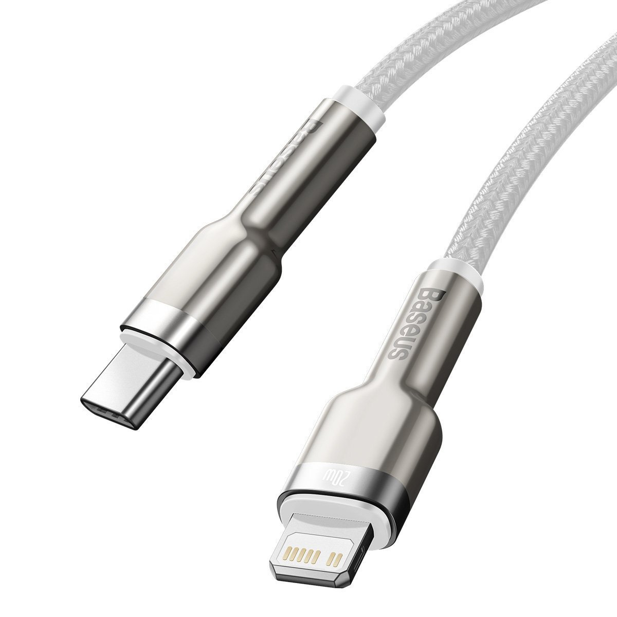 Srebrny kabel ładujący Baseus z wtyczką USB-C na jednym końcu i wtyczką Lightning na drugim, biały kabel.
