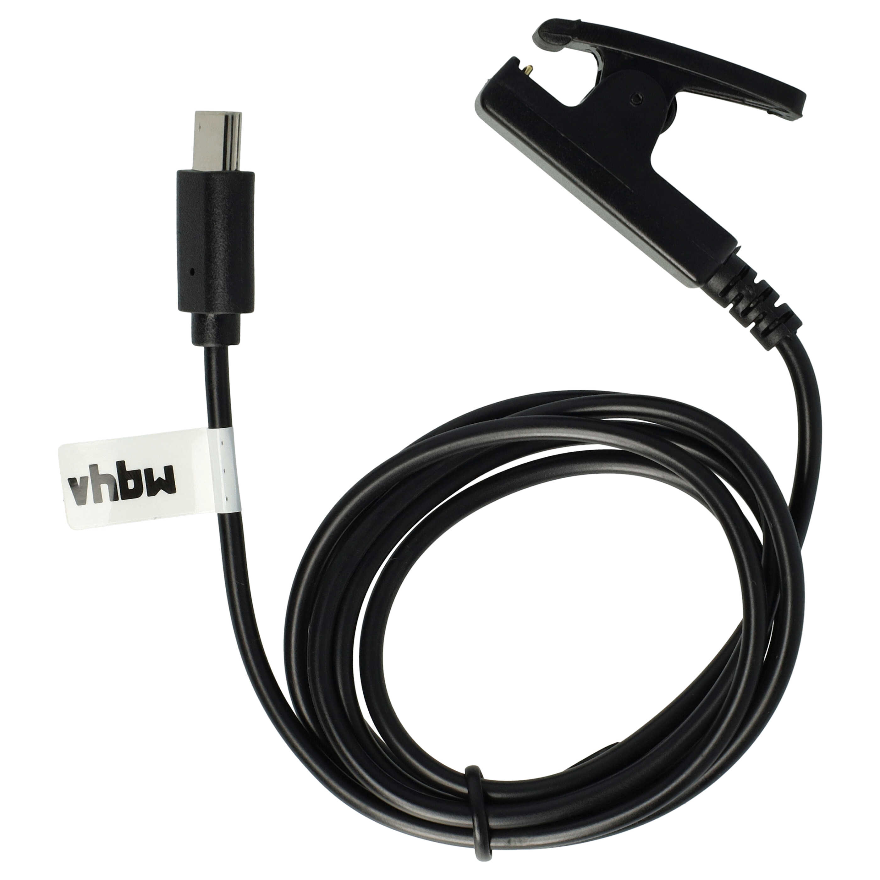 Ein schwarzer Clip und ein Kabel mit USB-C-Anschluss. Ein weißes Etikett mit 'vhbw' ist am Kabel befestigt.