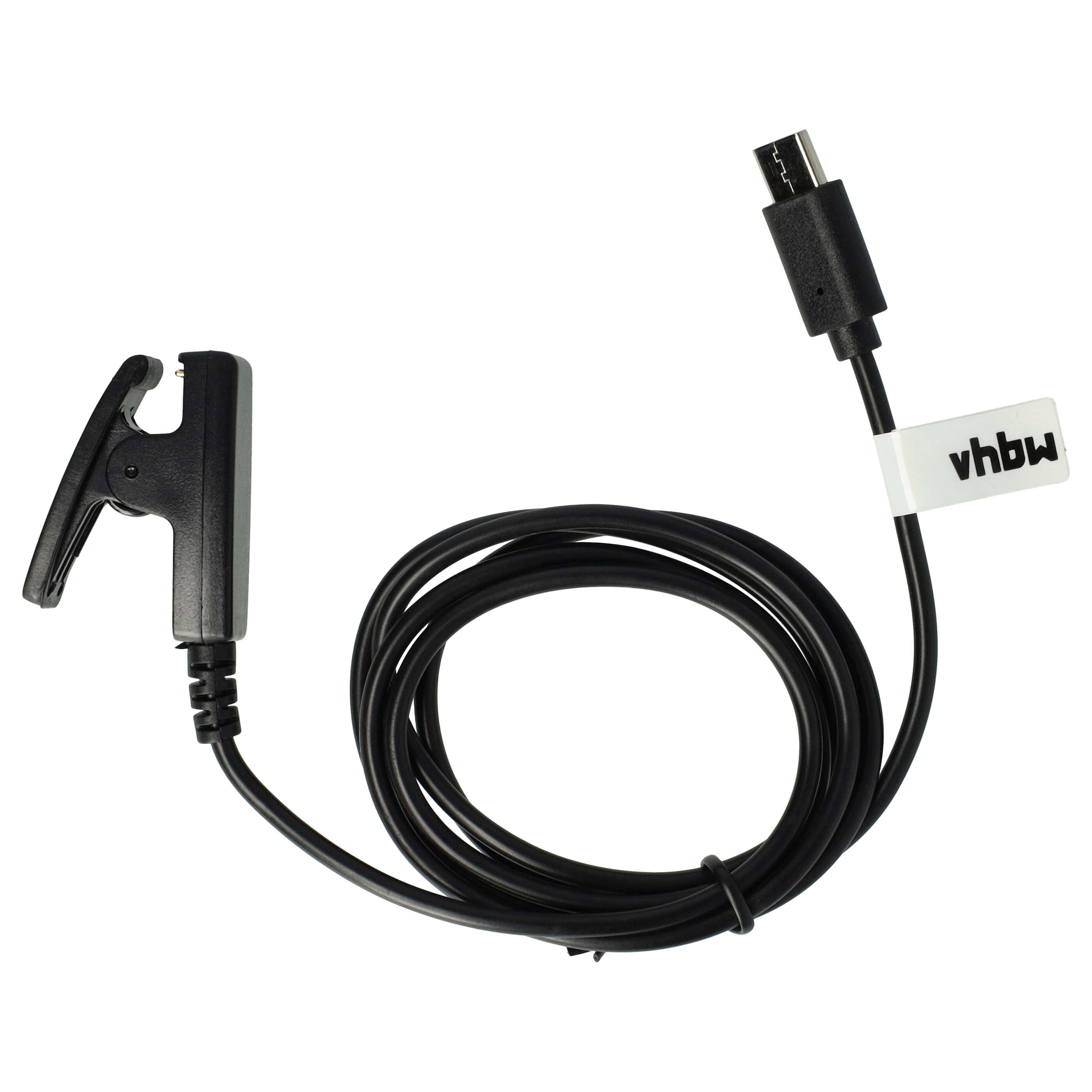 Ein schwarzes USB-Kabel mit Clip und USB-Anschluss. Das Kabel ist aufgerollt, ein weißes Etikett zeigt 'vhbw'.