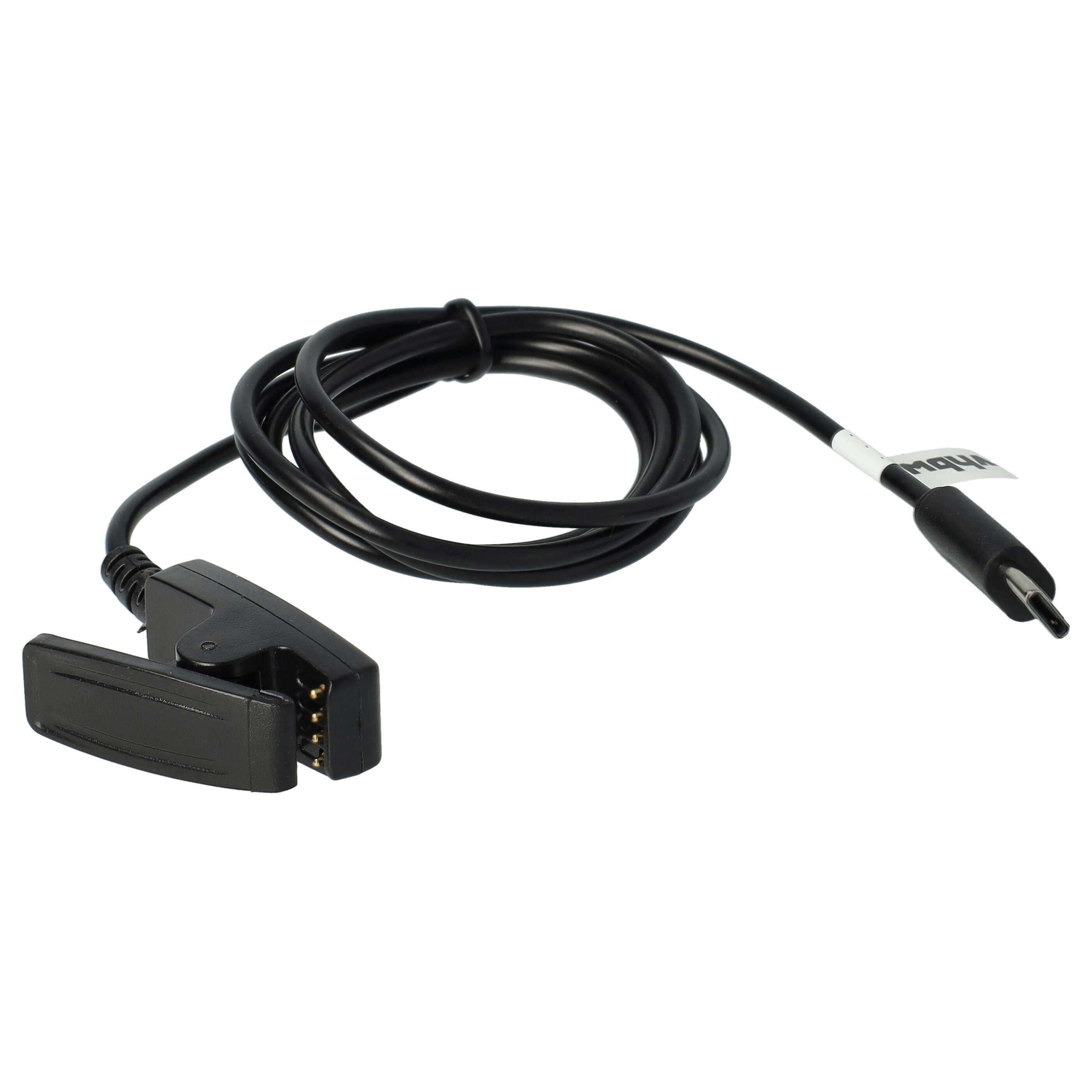 Ein schwarzes Kabel mit einem Stecker an jedem Ende. Ein Ende hat einen Clip, das andere einen kleinen Stecker. Weißer Hintergrund.