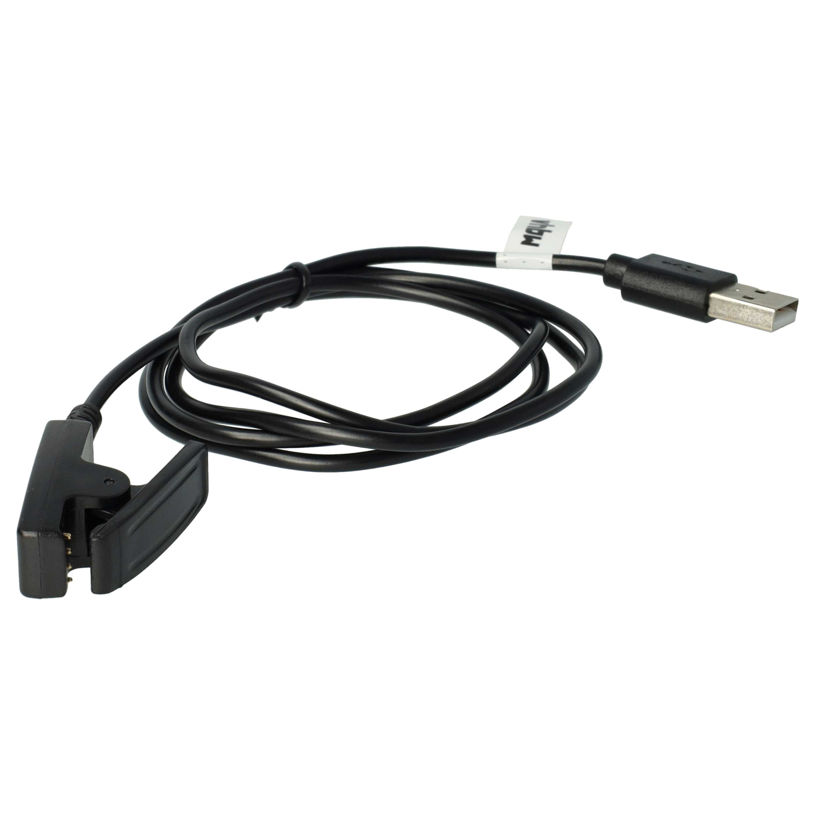 Ein schwarzes USB-Ladekabel mit Clip und USB-Anschluss auf weißem Hintergrund.