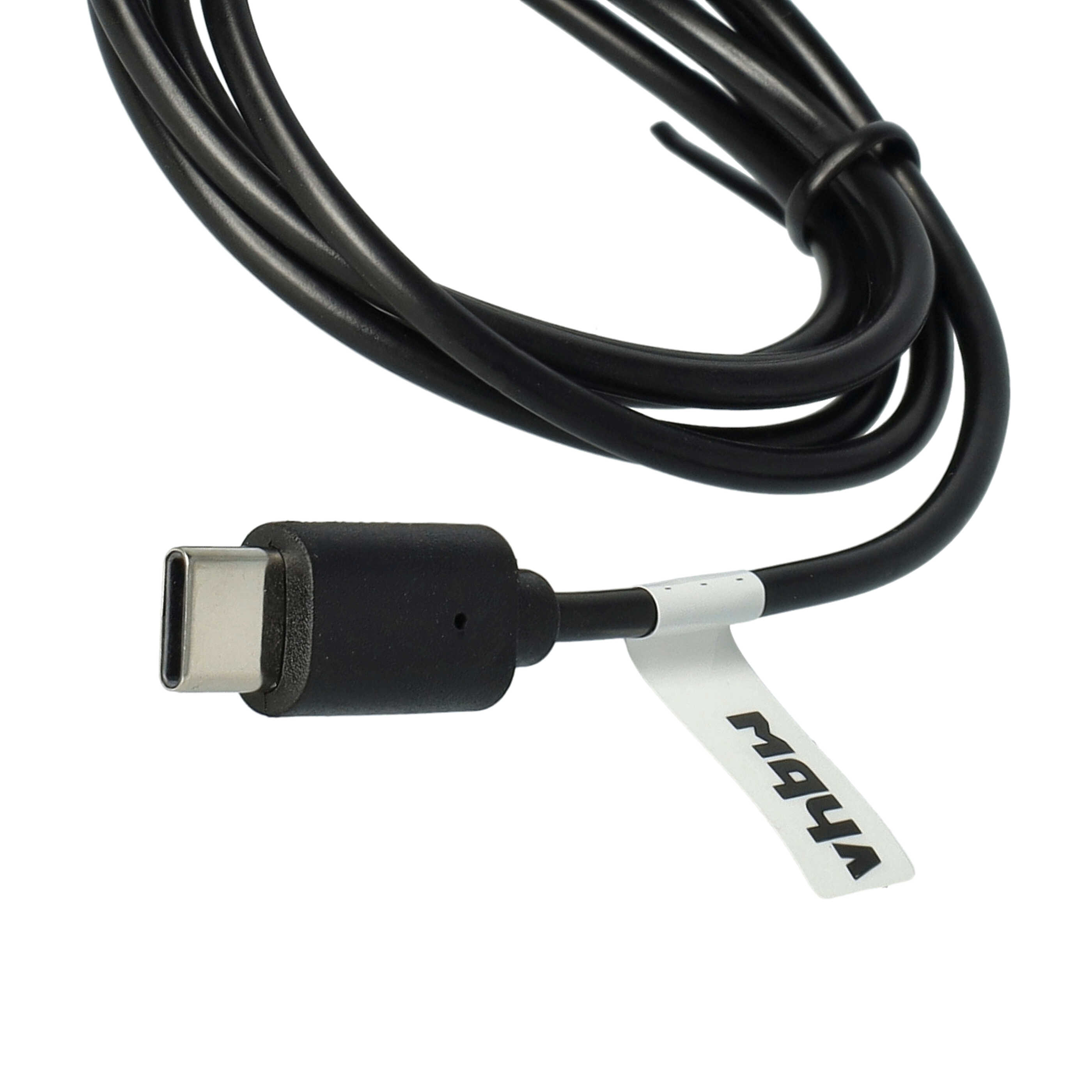 Schwarzes USB-C-Kabel mit Stecker, weißes Etikett mit Text. Der Hintergrund ist weiß.