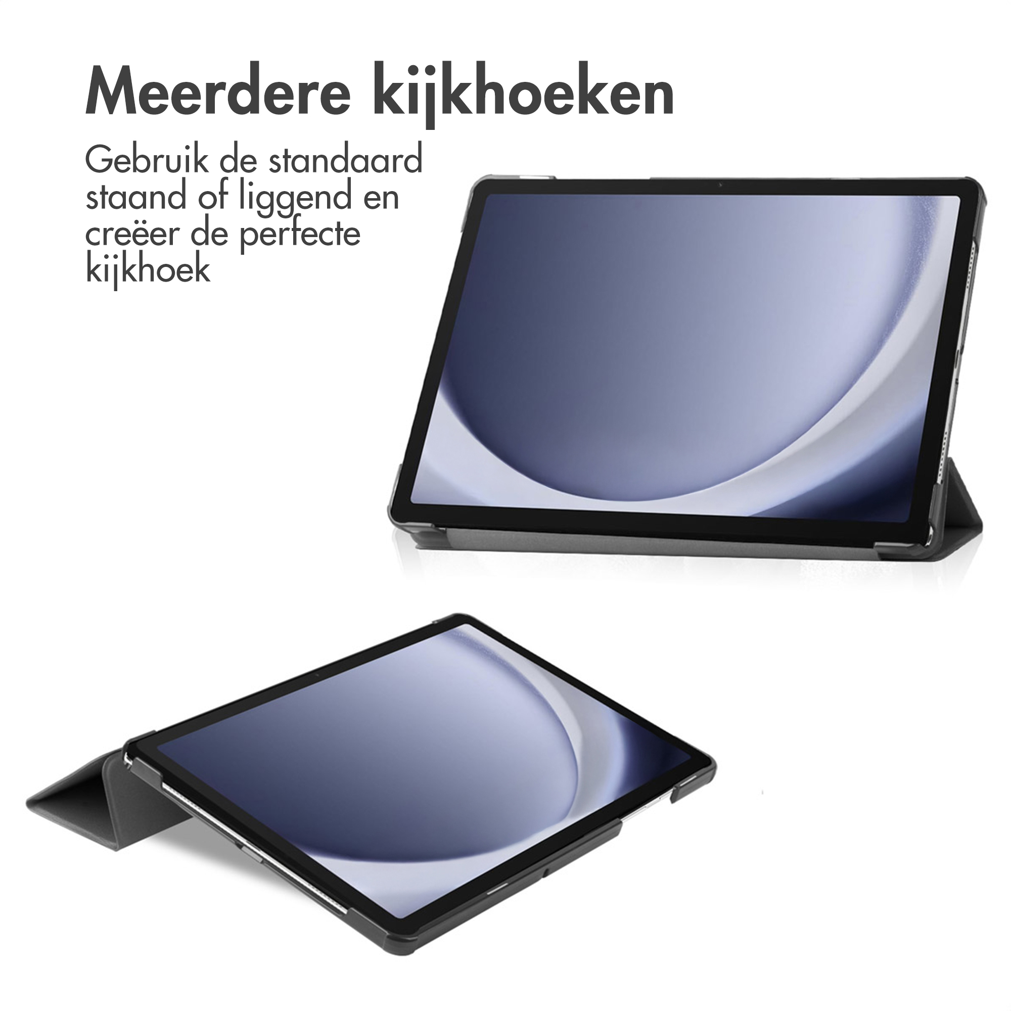 Deux tablettes sur fond blanc, une en paysage, l'autre en portrait, démontrant différents angles de vue.