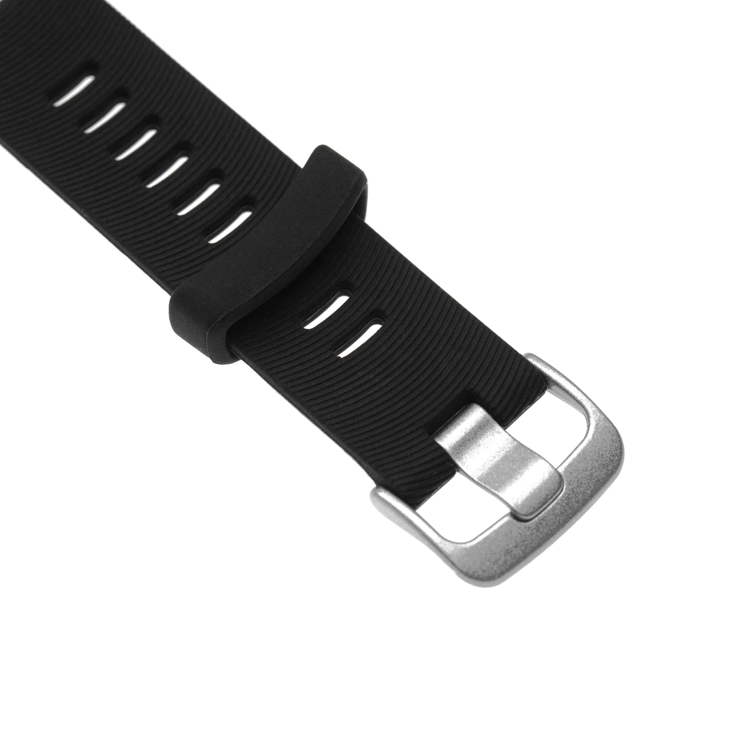 Nahaufnahme eines schwarzen Uhrenarmbands mit silberner Schnalle, vor weißem Hintergrund.