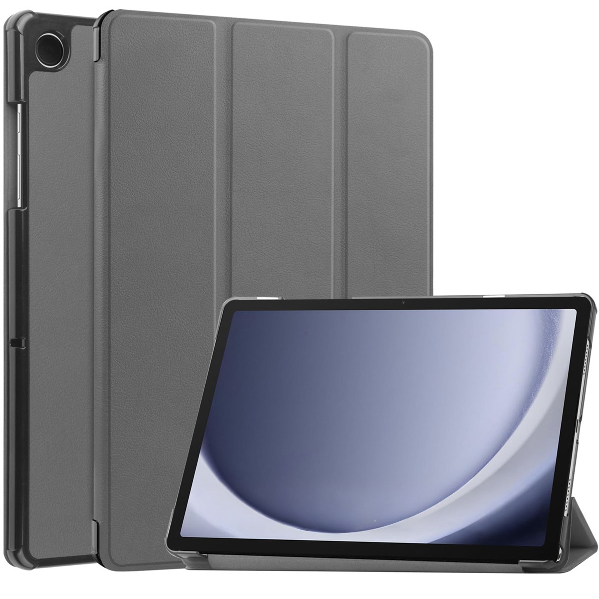 Une tablette avec un étui gris est présentée. L'écran affiche un design bleu et blanc. L'étui est ouvert.