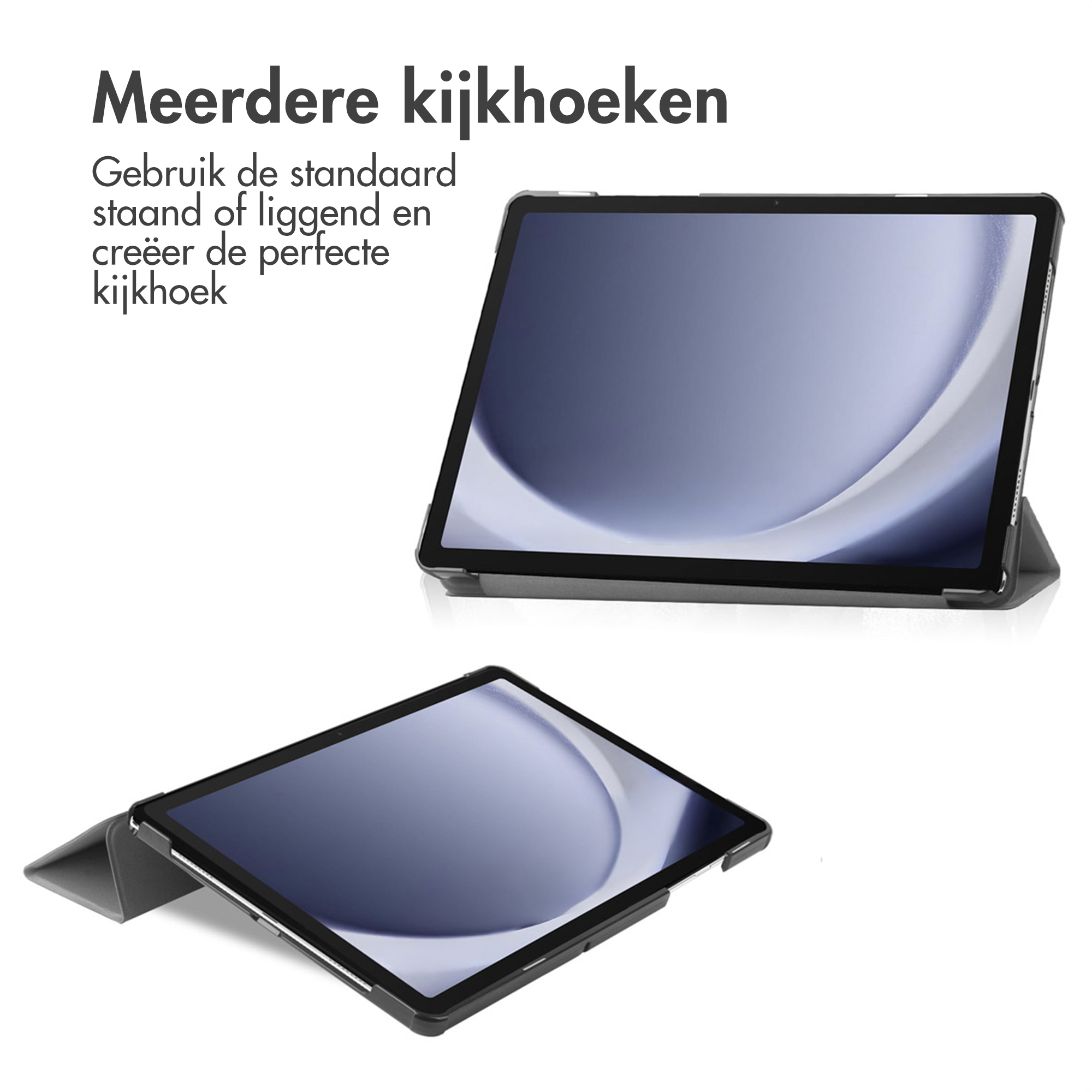 Deux tablettes sur fond blanc. Une ouverte, en angle. Texte : Multiples angles de vision. Utilisez le support standard.