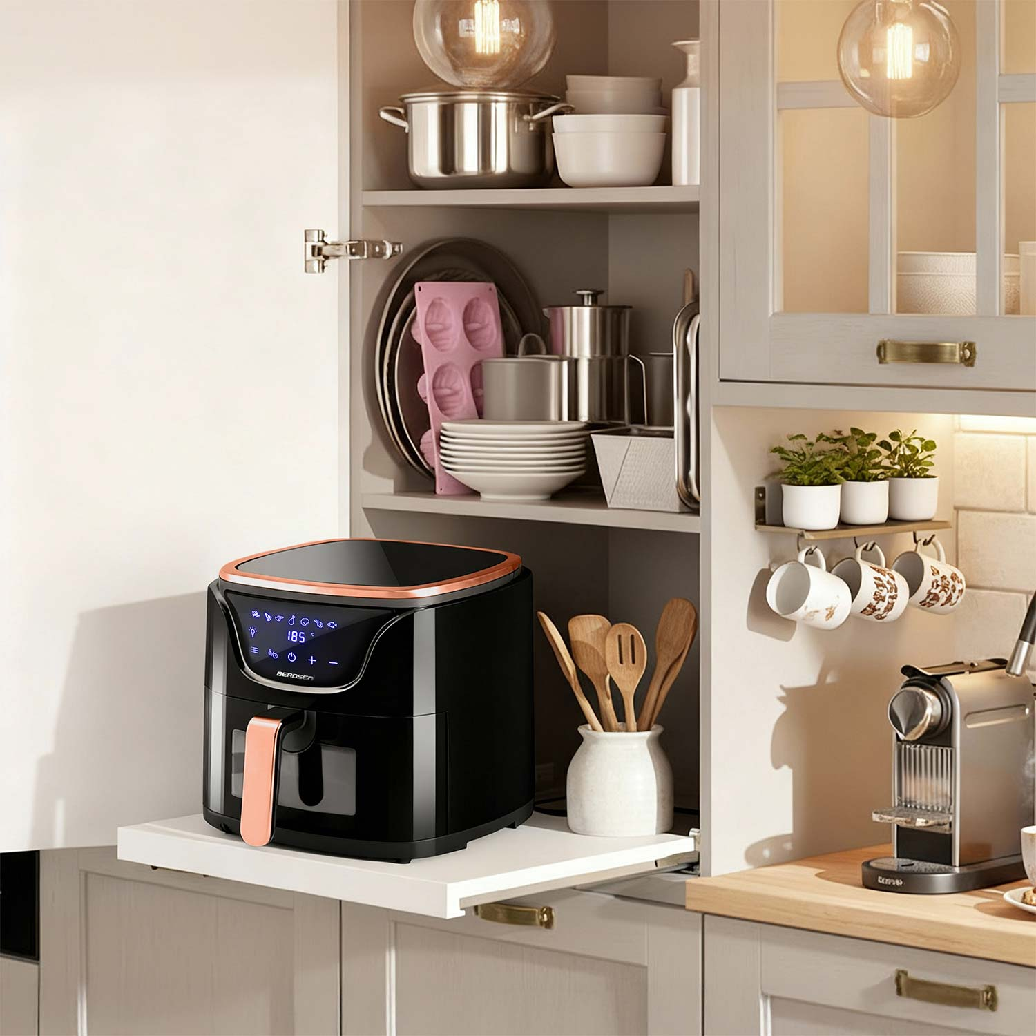 Czarna i miedziana frytkownica powietrzna stoi na półce. Szafki kuchenne i przybory w tle. Ekspres do kawy i kubki.