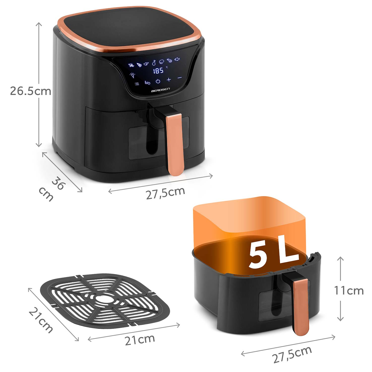Czarna frytkownica powietrzna ze miedzianymi akcentami. Zawiera kosz, ruszt i wymiary. Pojemność 5L. Wyświetlacz pokazuje temperaturę.