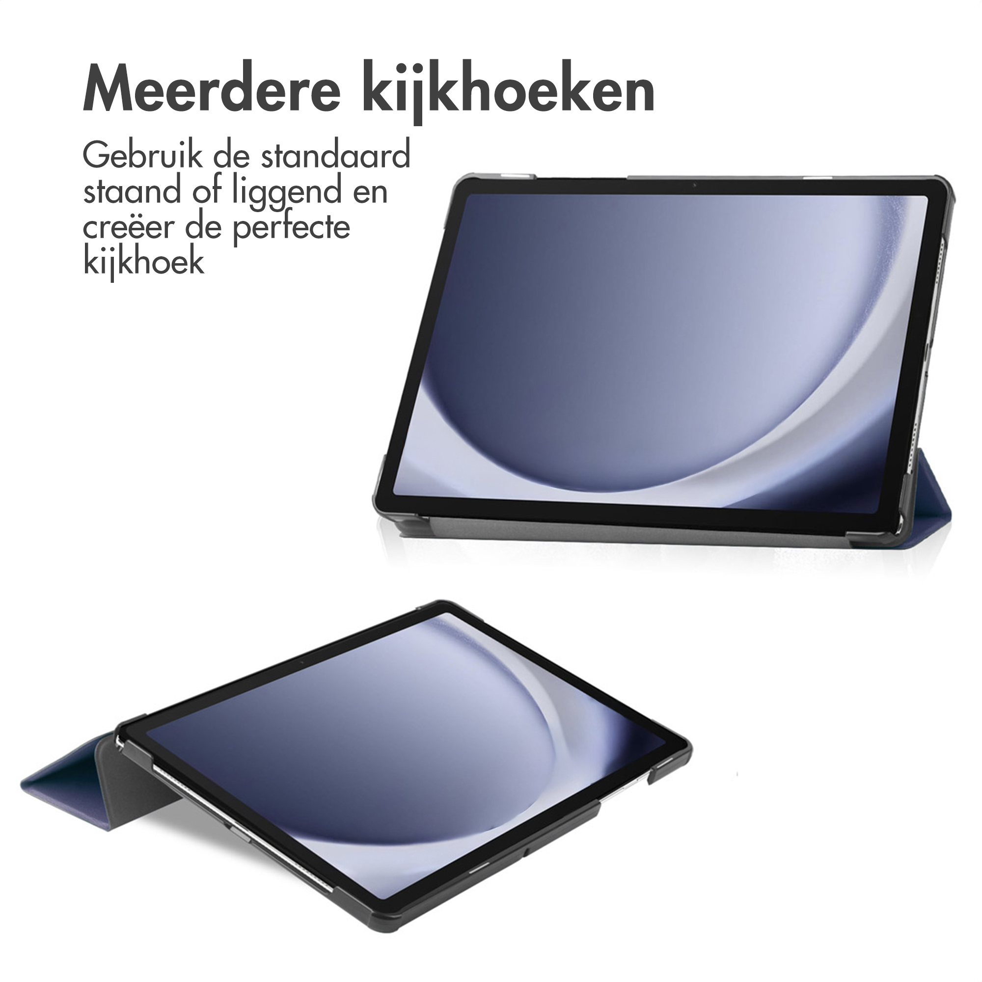 Deux tablettes sur fond blanc. L'une inclinée, montrant l'écran. Texte : Plusieurs angles de vue. Utilisez le support standard.