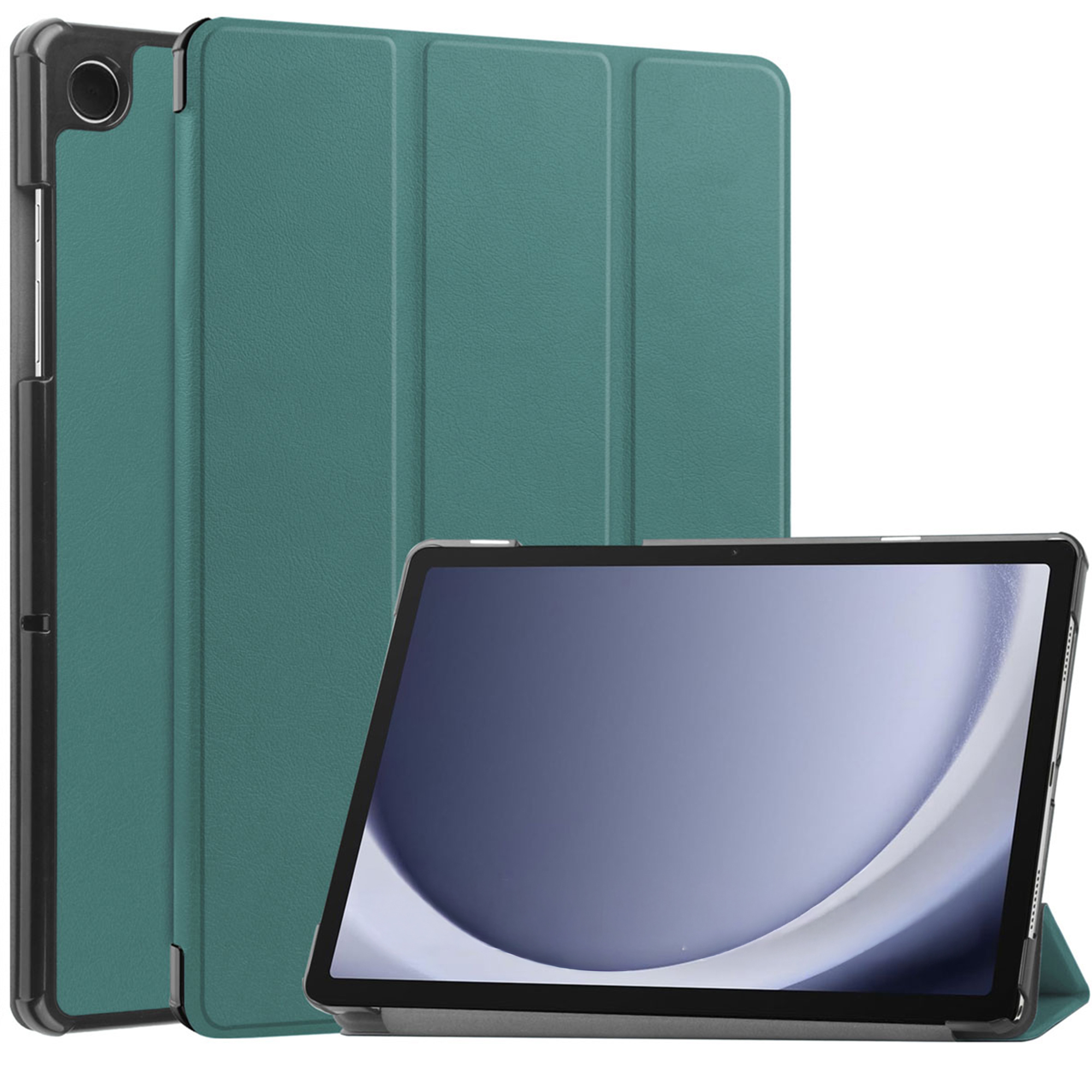 Une tablette dans un étui sarcelle. La tablette est inclinée avec l'écran face au spectateur. L'étui est ouvert.