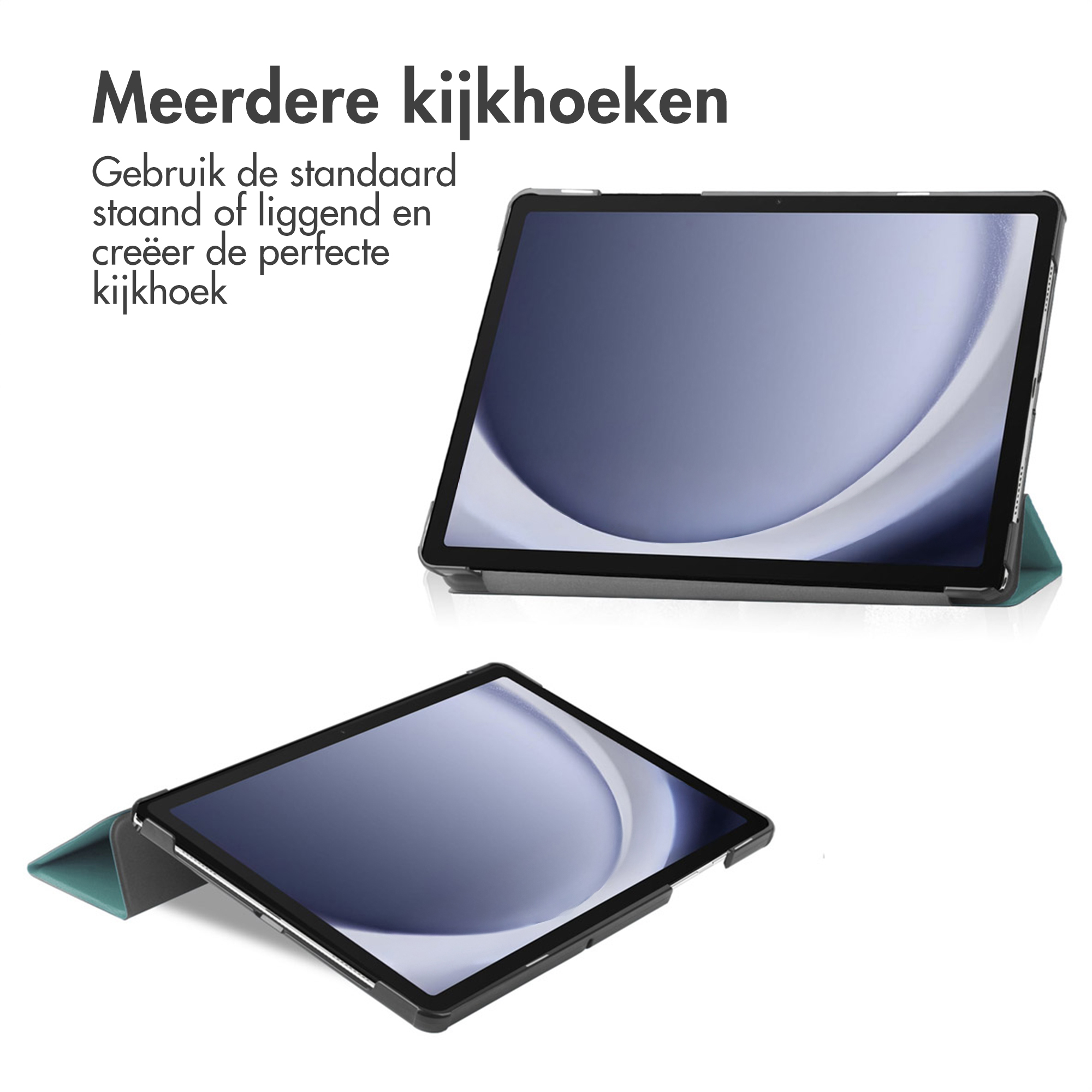 Deux tablettes dans des étuis, une inclinée. Texte néerlandais : 'Plusieurs angles de vue' et instructions.
