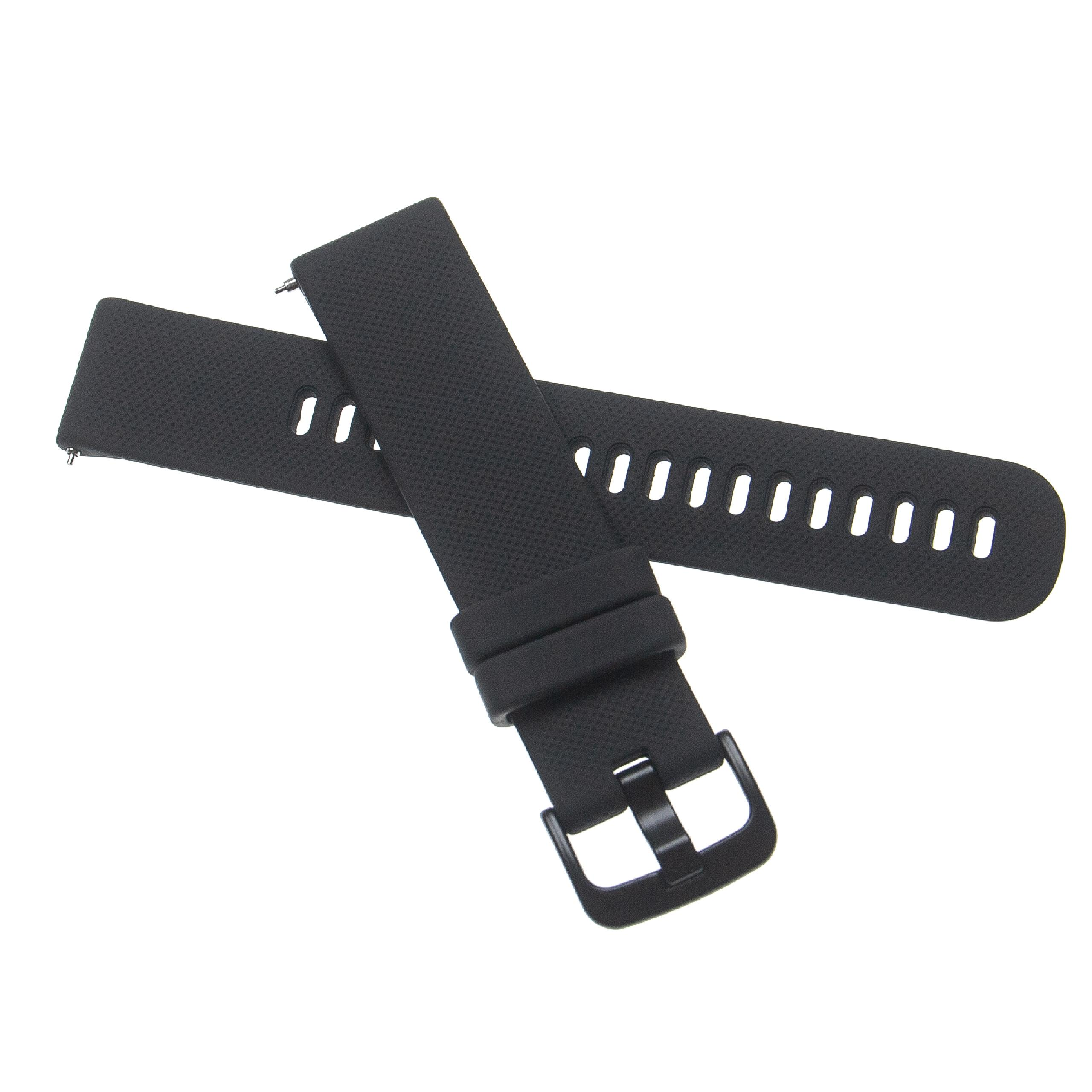 Zwei schwarze Uhrenarmbänder auf weißem Hintergrund. Eines ist geschnallt. Beide haben Löcher zur Anpassung. Detaillierte Ansicht.