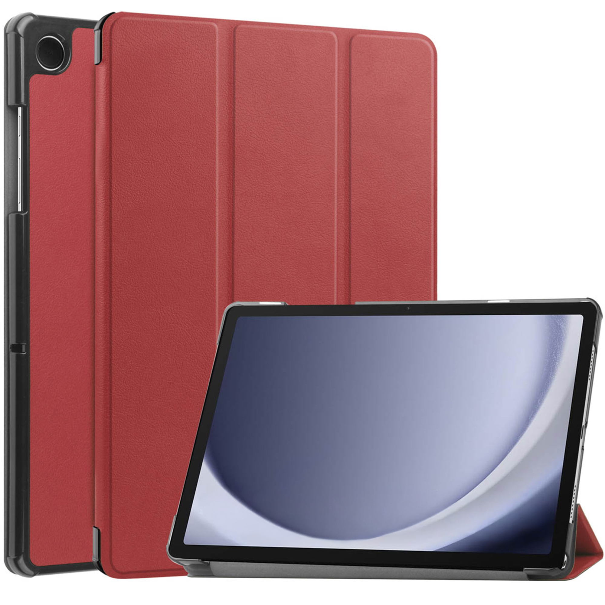 Een tablet met een rode hoes is open, het scherm is zichtbaar. Een andere hoes staat erachter.