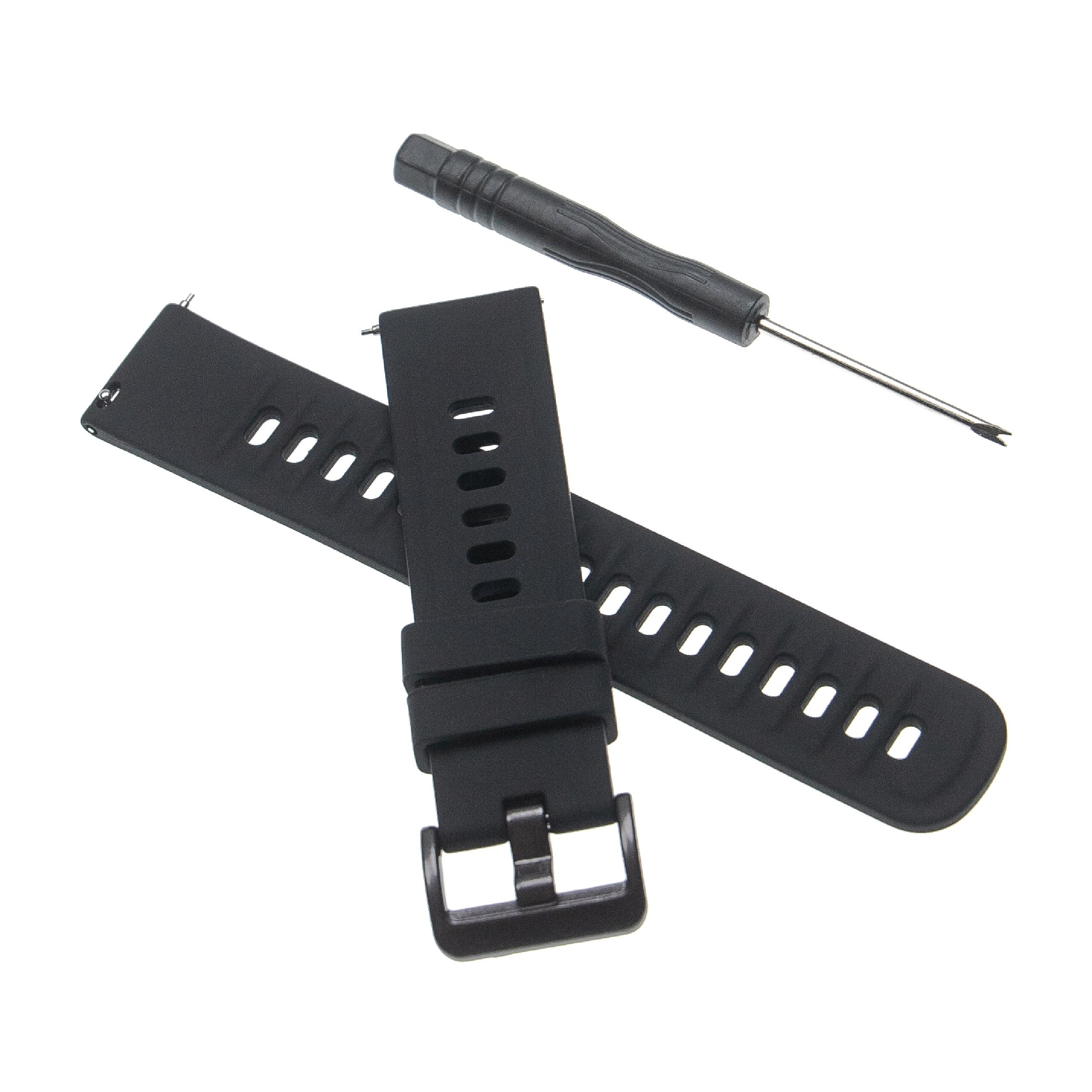 Schwarze Uhrenarmbänder und ein Schraubendreher auf weißem Hintergrund. Bänder haben Löcher und eine Schnalle.