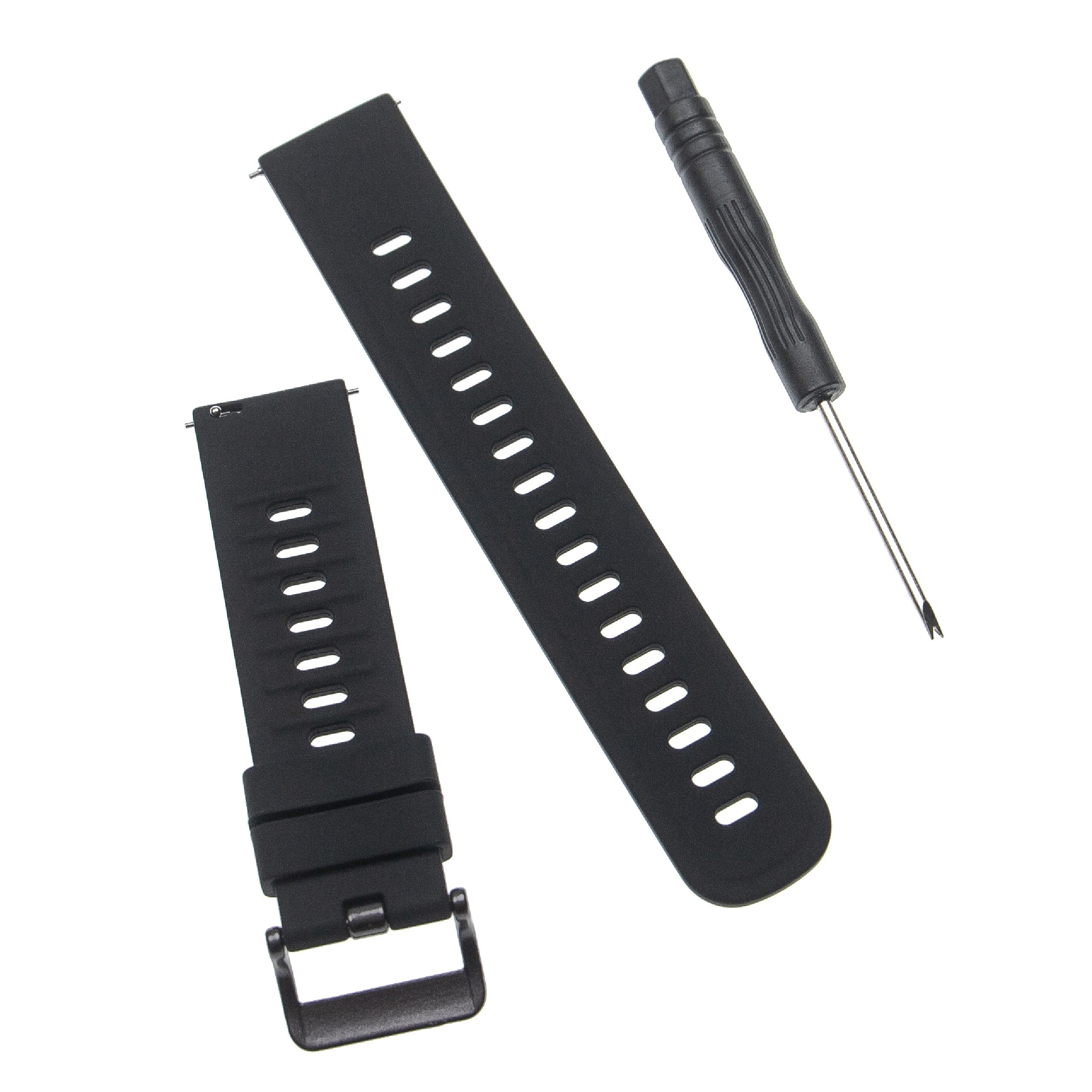 Schwarze Uhrenarmbänder und ein Schraubendreher auf weißem Hintergrund. Armbänder haben Löcher.
