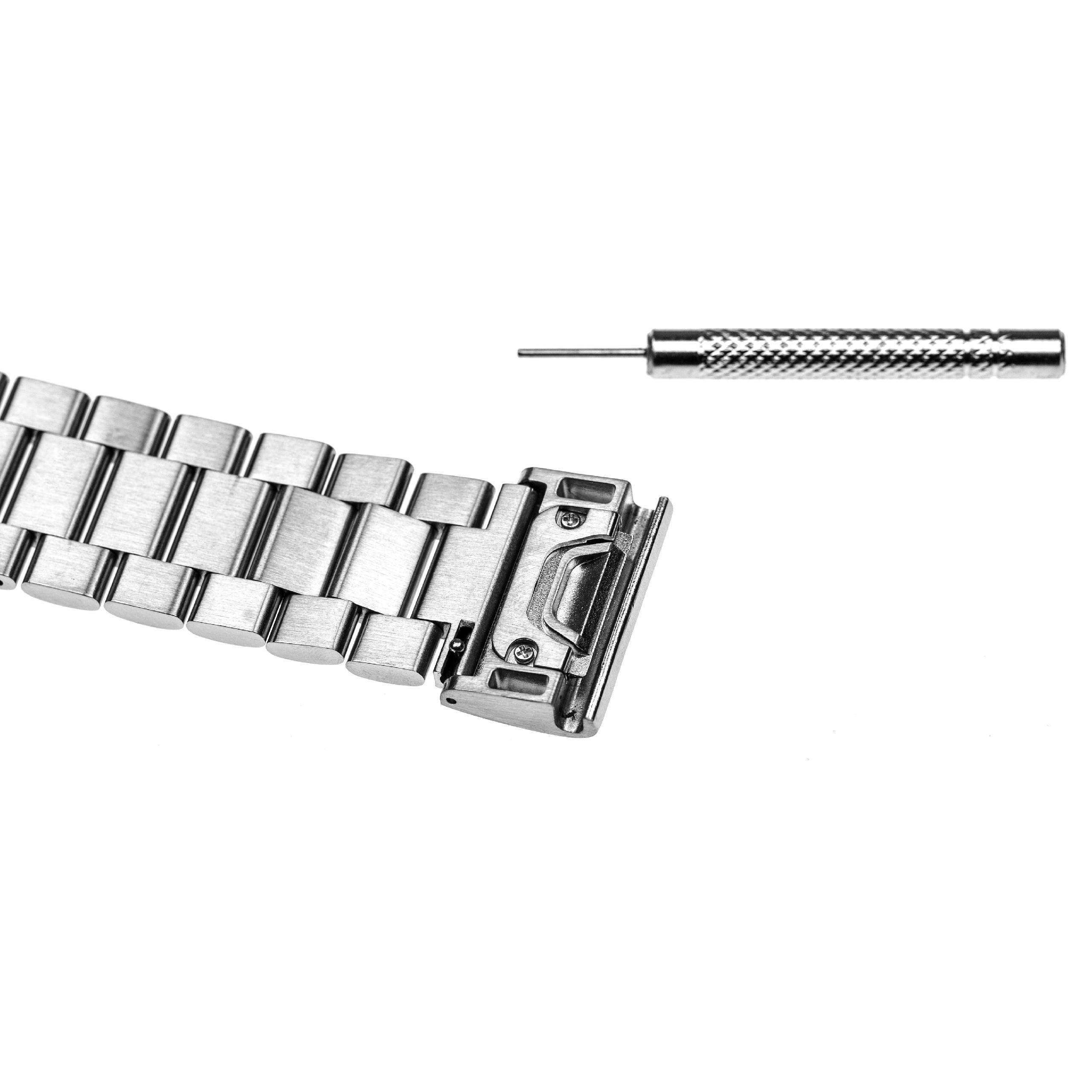 Ein Metall-Uhrenarmband und ein Stiftwerkzeug auf weißem Hintergrund. Das Band ist teilweise geöffnet.