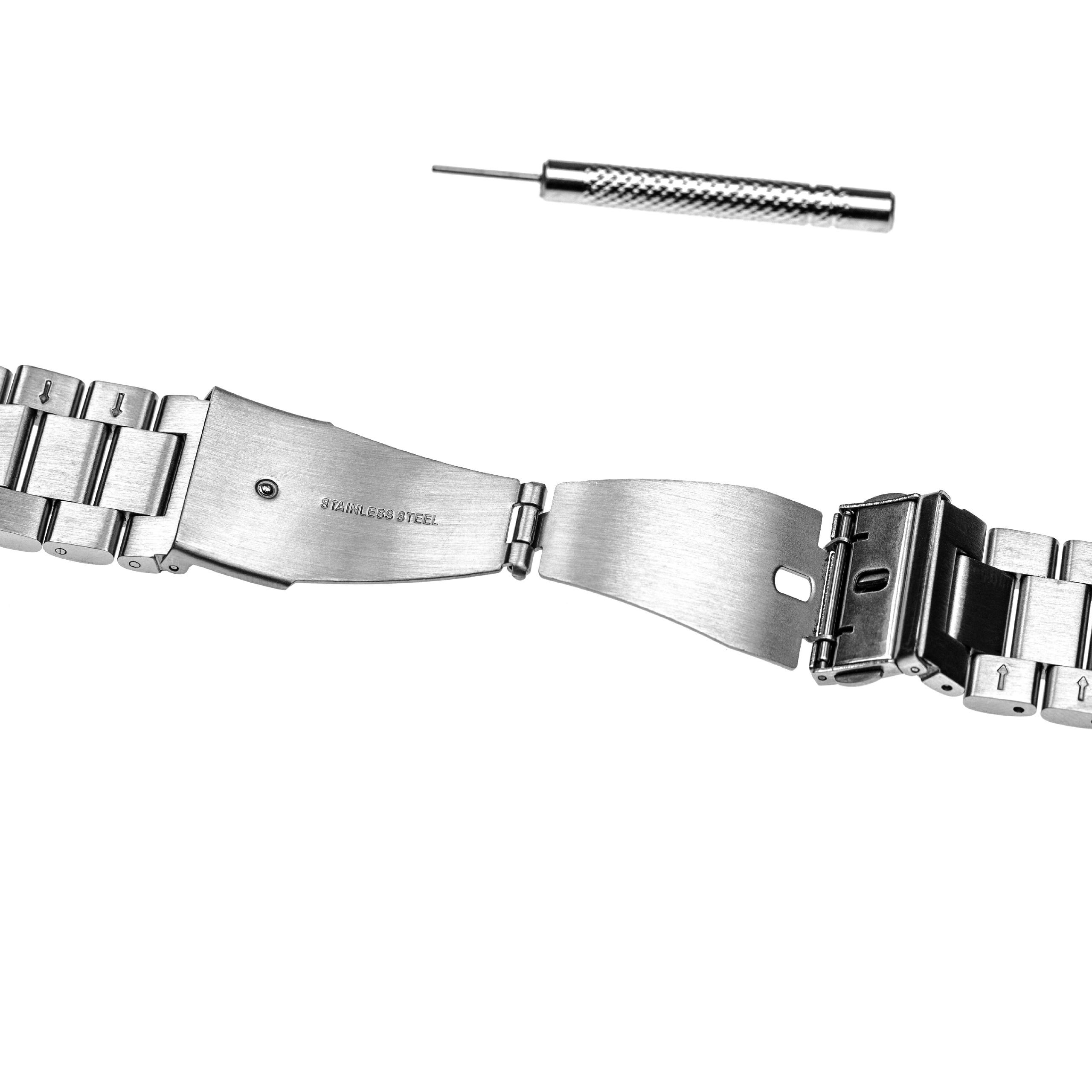 Uhrenarmband mit Werkzeug. Edelstahlband, offen. Werkzeug über dem Band.