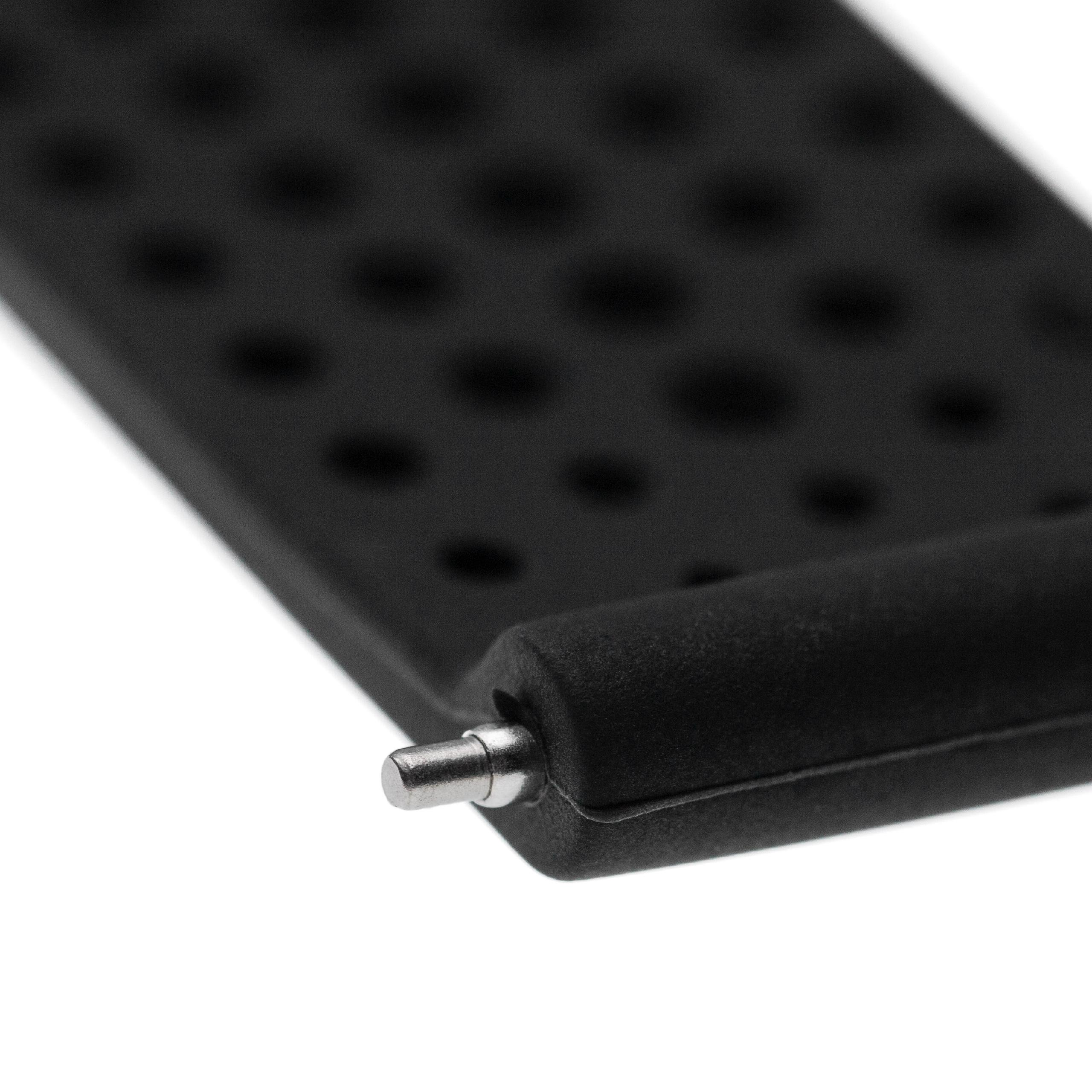 Nahaufnahme eines schwarzen Uhrenarmbands mit Löchern und einem silbernen Stift. Weißer Hintergrund.