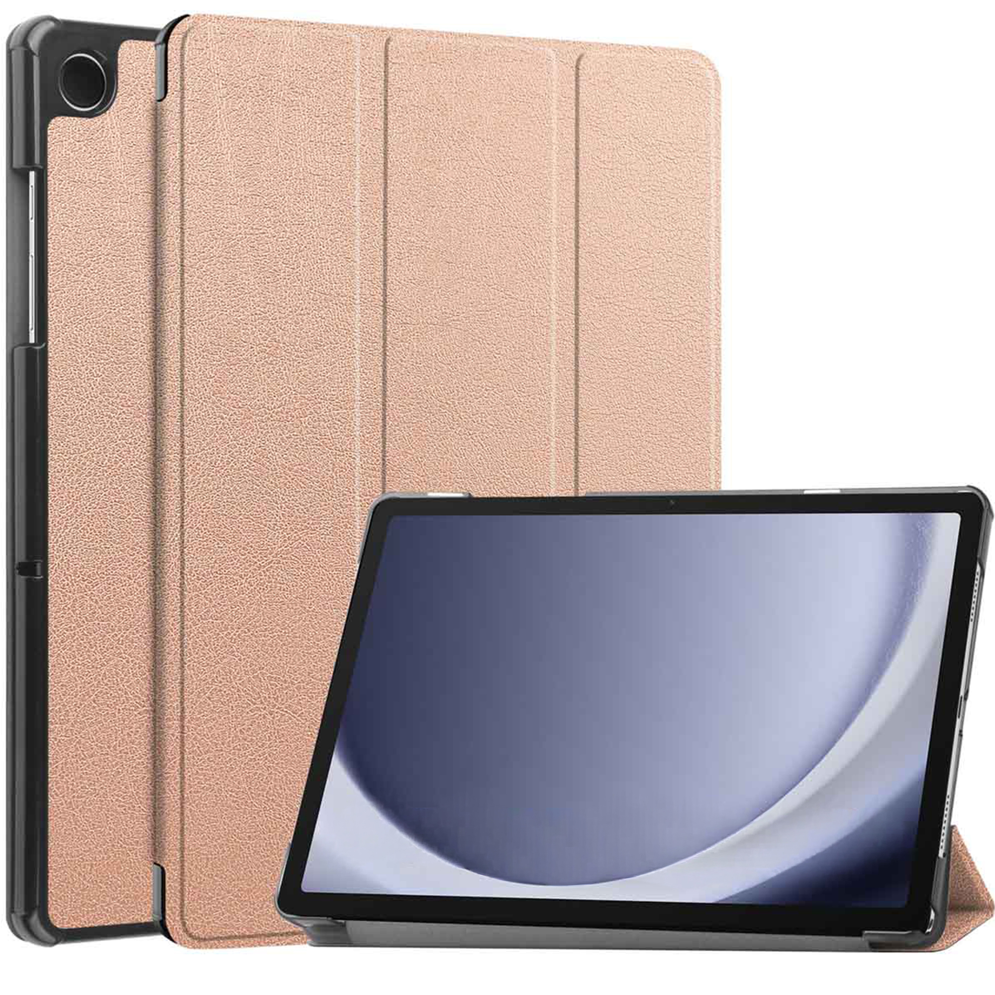 Tablette dans un étui rose. L'écran est allumé, affichant un dégradé blanc et bleu. L'étui est ouvert.