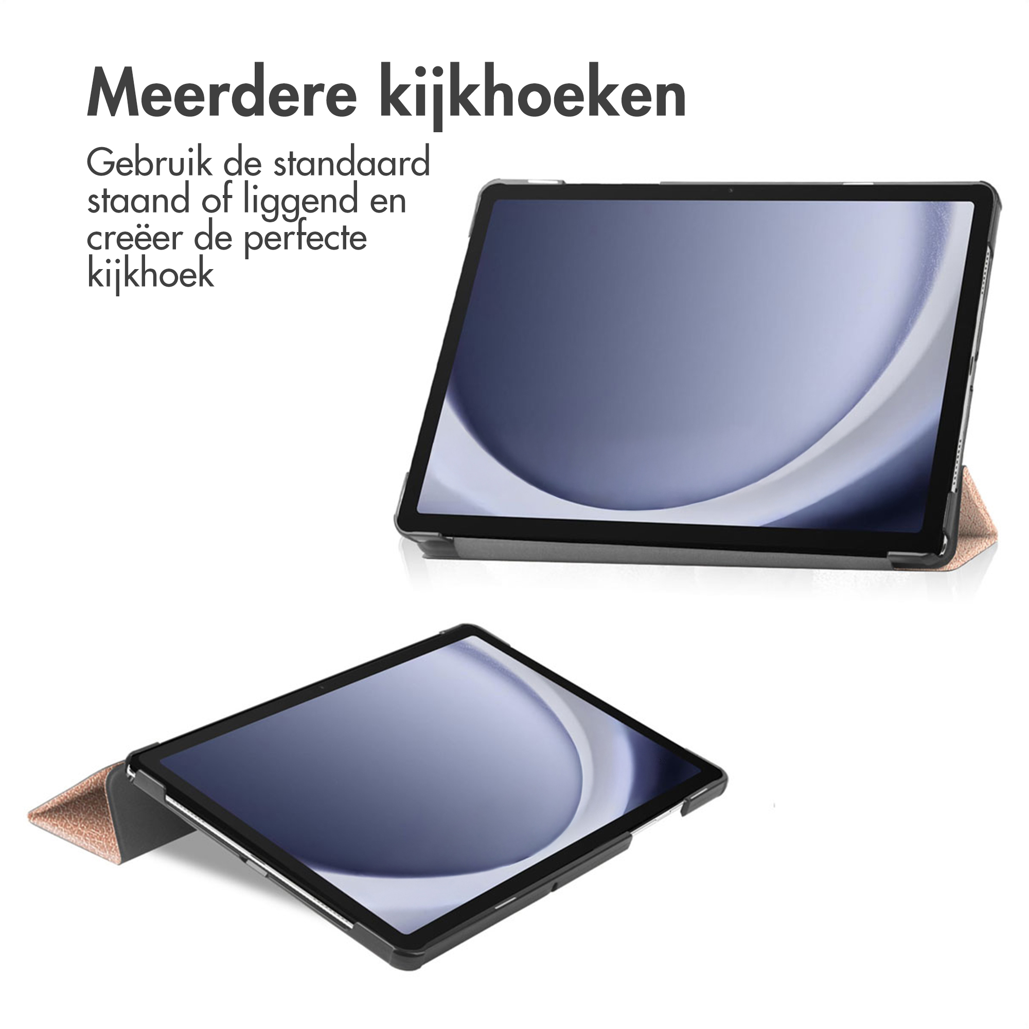 Deux tablettes sont présentées. L'une est ouverte et calée, l'autre est à plat. Elles sont dans des étuis noirs avec un support marron.