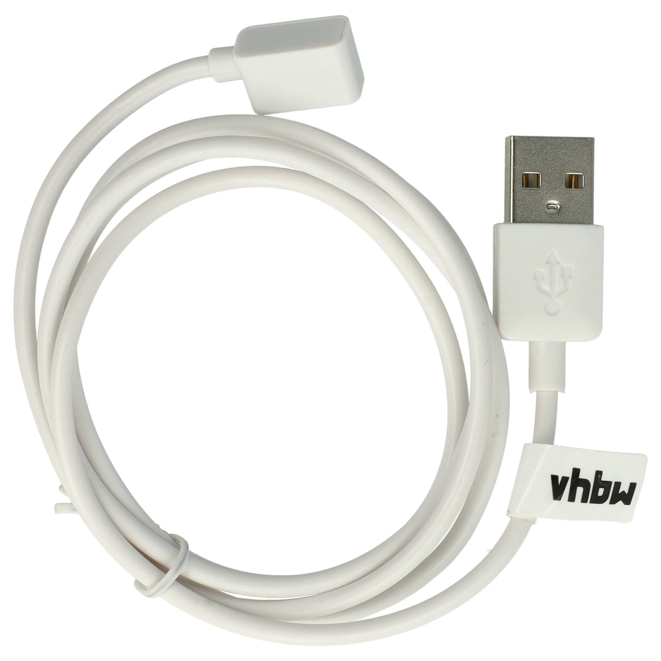 Ein weißes USB-Kabel mit einem rechteckigen Stecker an einem Ende und einem USB-Stecker am anderen Ende, mit einem vhbw-Etikett.