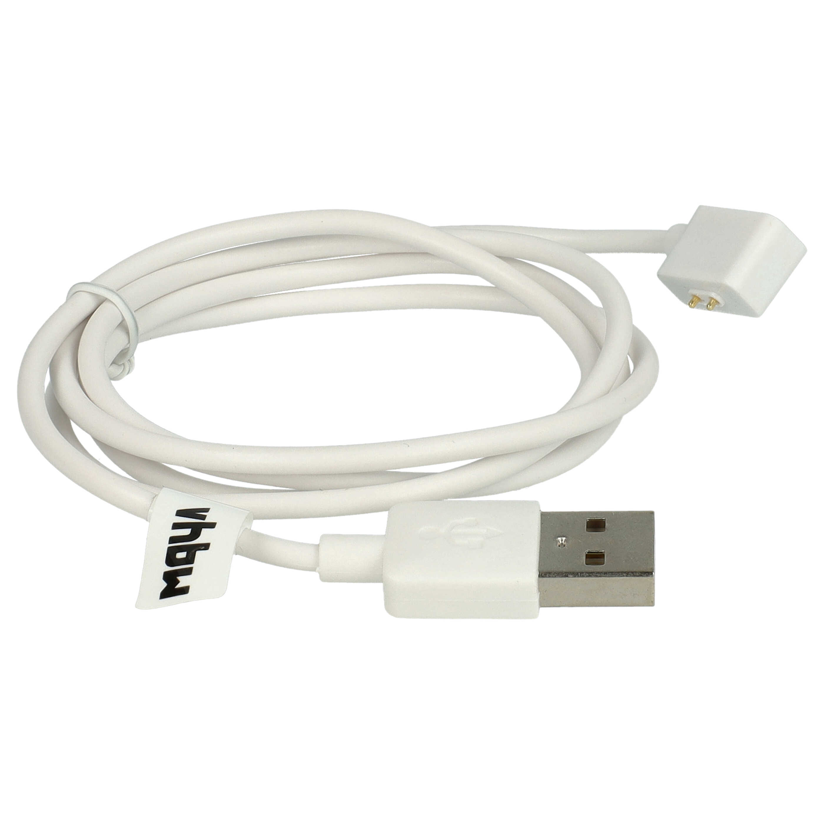 Weißes USB-Ladekabel mit Magnetanschluss und USB-Anschluss. Enthält ein Etikett mit Logo.