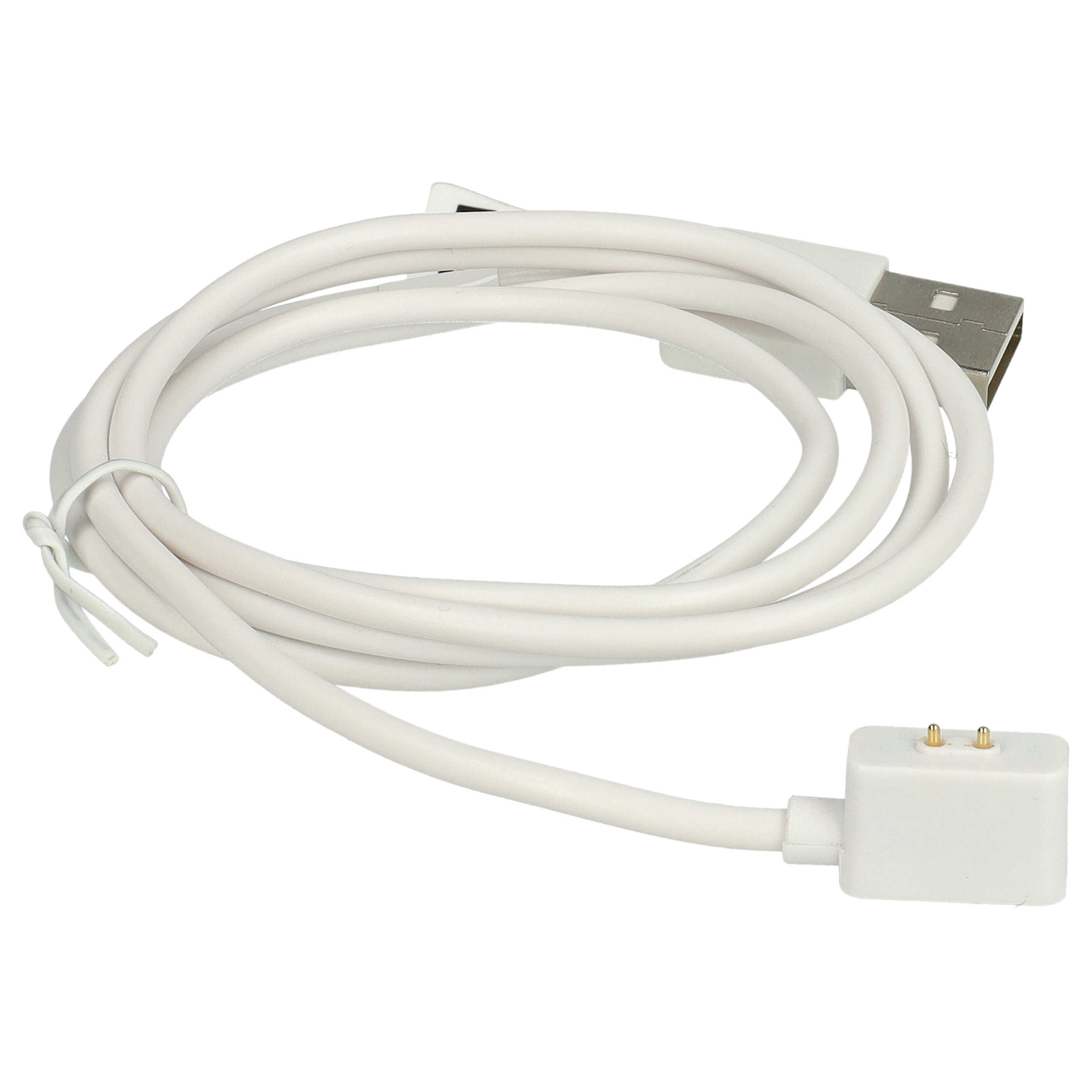Ein weißes Ladekabel mit USB-Anschluss und magnetischem Ladeende vor weißem Hintergrund.