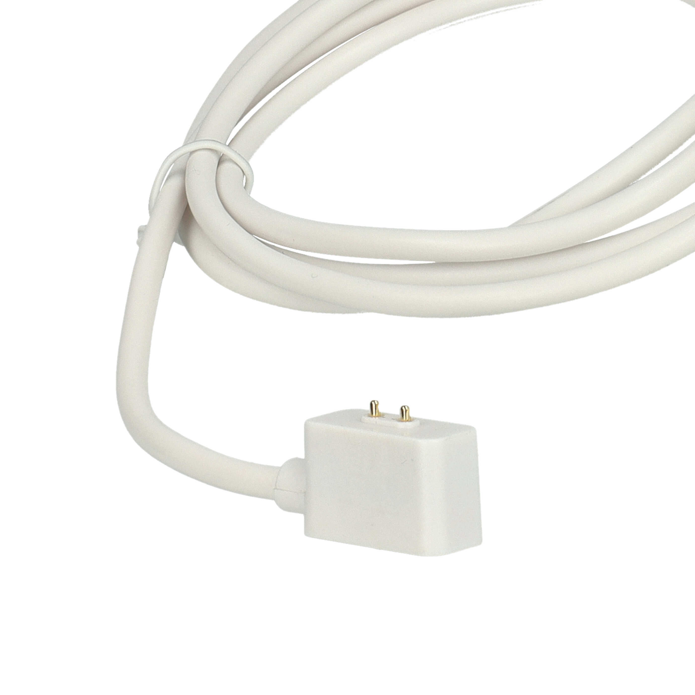 Ein weißes Ladekabel mit quadratischem Stecker und zwei goldenen Stiften. Das Kabel ist geschlungen.