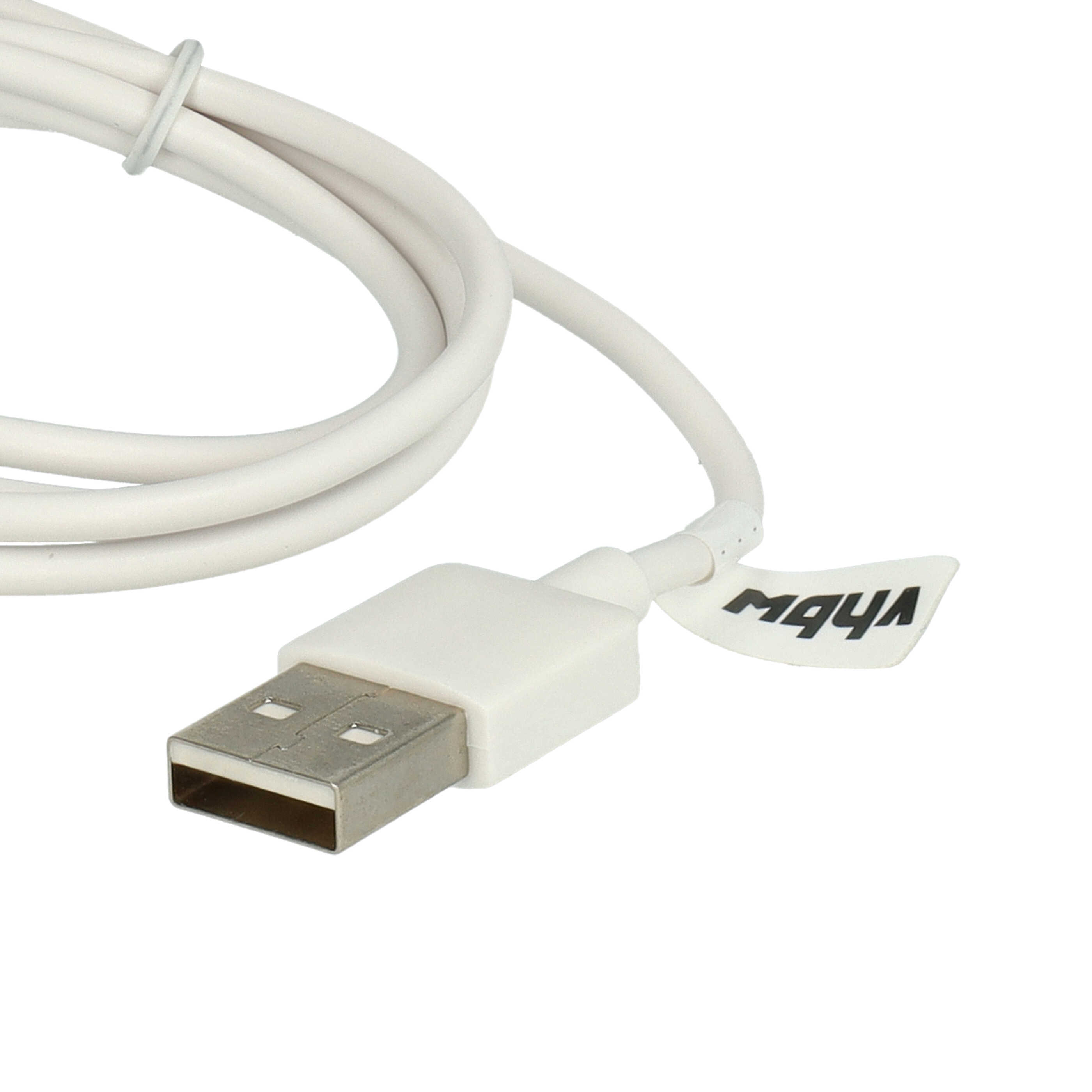Ein weißes USB-Kabel mit rechteckigem Stecker und einem Etikett mit schwarzem Text. Das Kabel ist geschlungen.