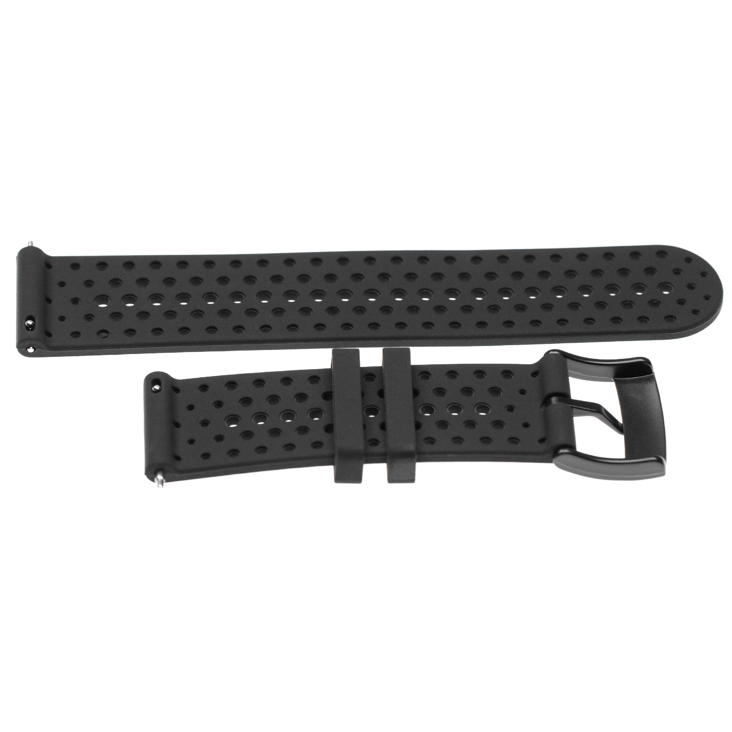 Schwarzes Uhrenarmband, zweiteilig, mit vielen kleinen Löchern. Schnalle an einem Stück. Weißer Hintergrund.