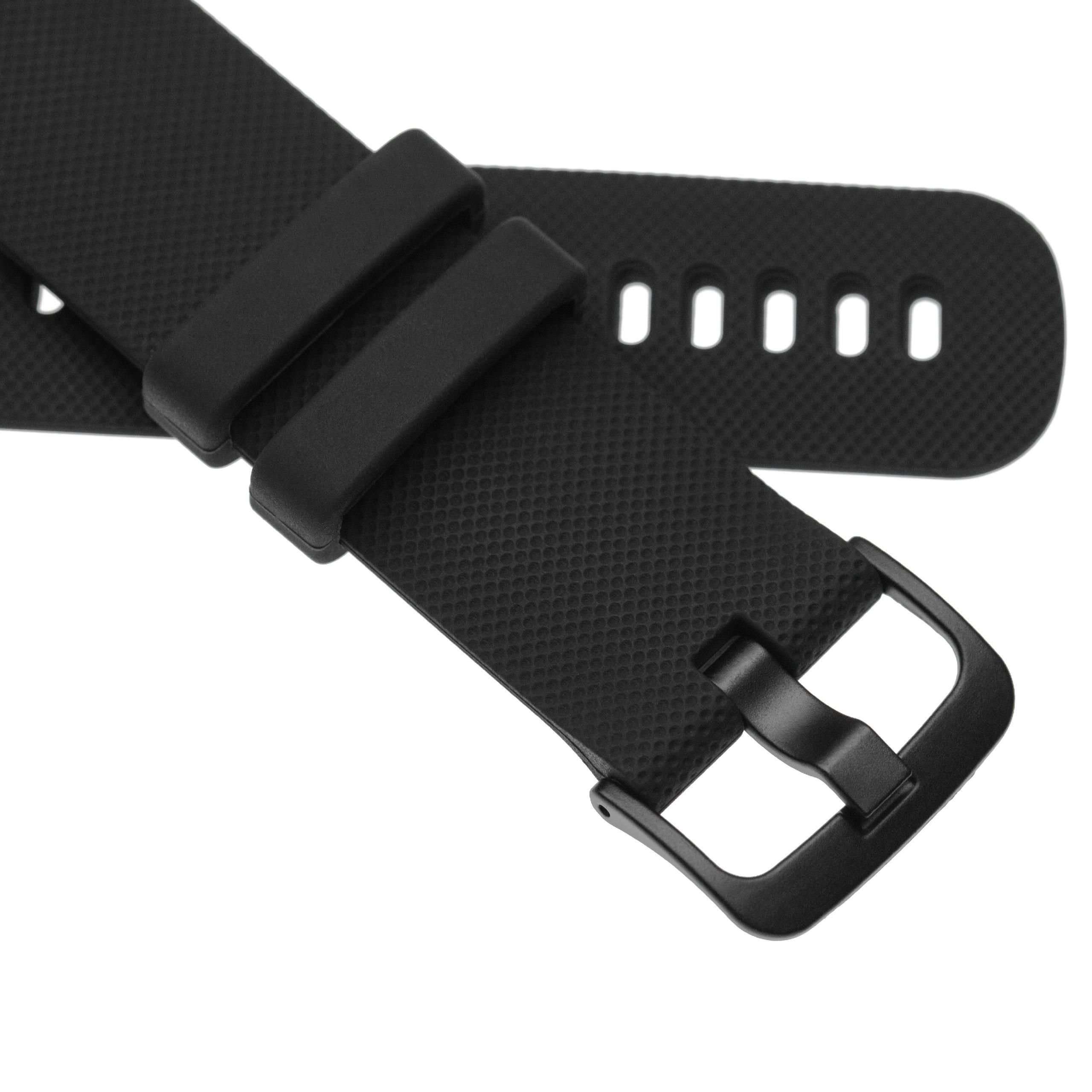 Nahaufnahme eines schwarzen Uhrenarmbands mit strukturierter Oberfläche, Schnalle und Löchern. Weißer Hintergrund.