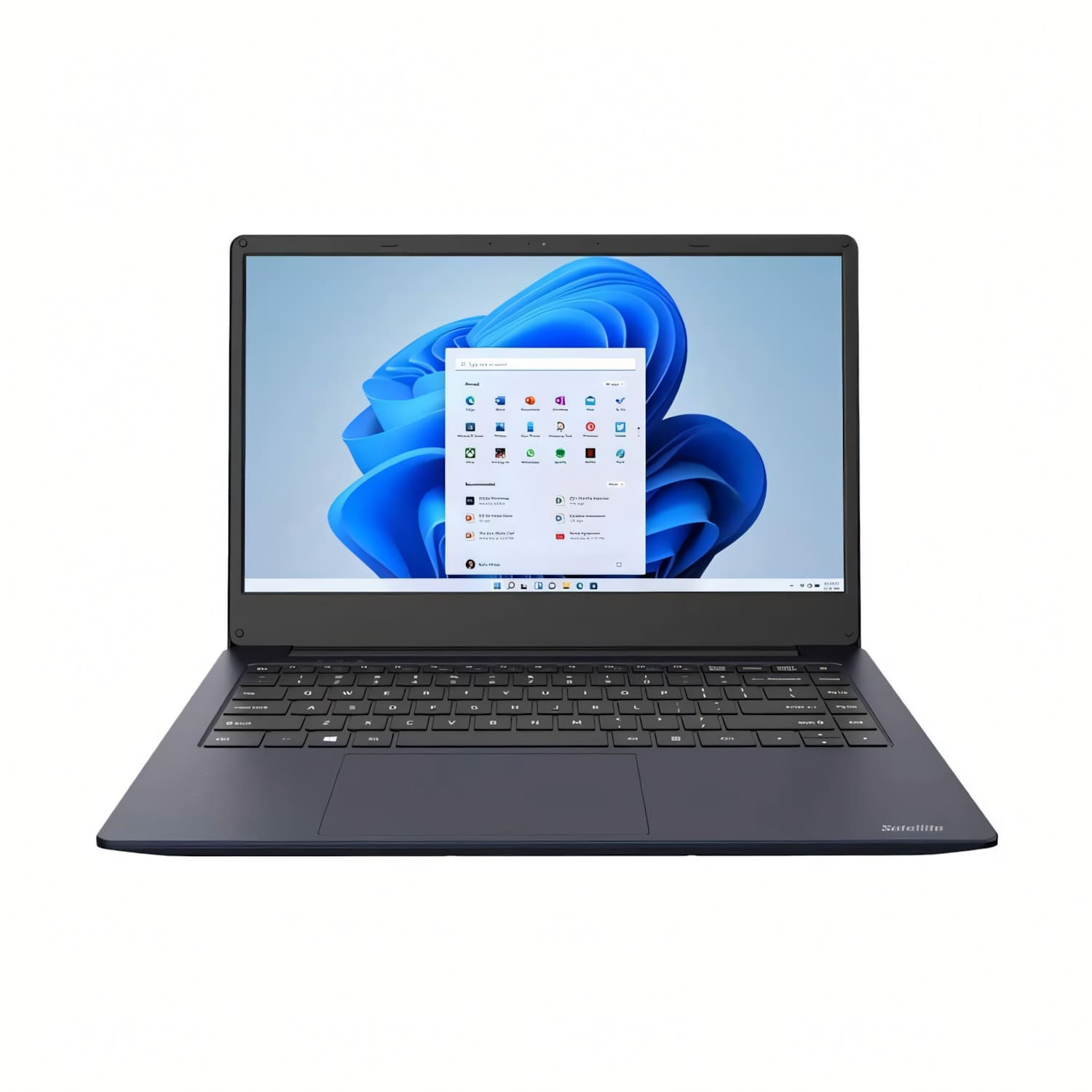 Un portátil azul oscuro se muestra sobre un fondo blanco. La pantalla muestra la interfaz de Windows 11. El teclado y el panel táctil son visibles.