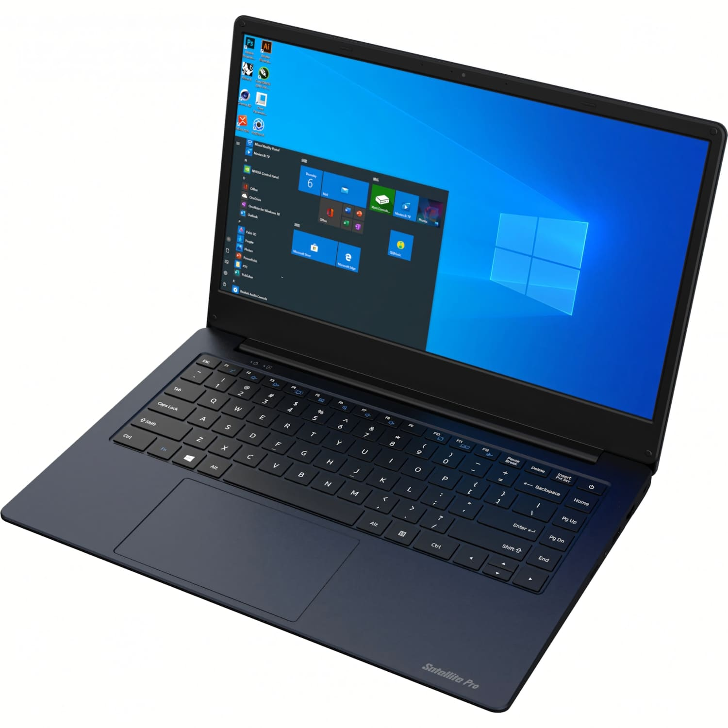 Un portátil azul oscuro con pantalla iluminada que muestra la interfaz de Windows. El teclado es visible y el portátil está ligeramente inclinado.