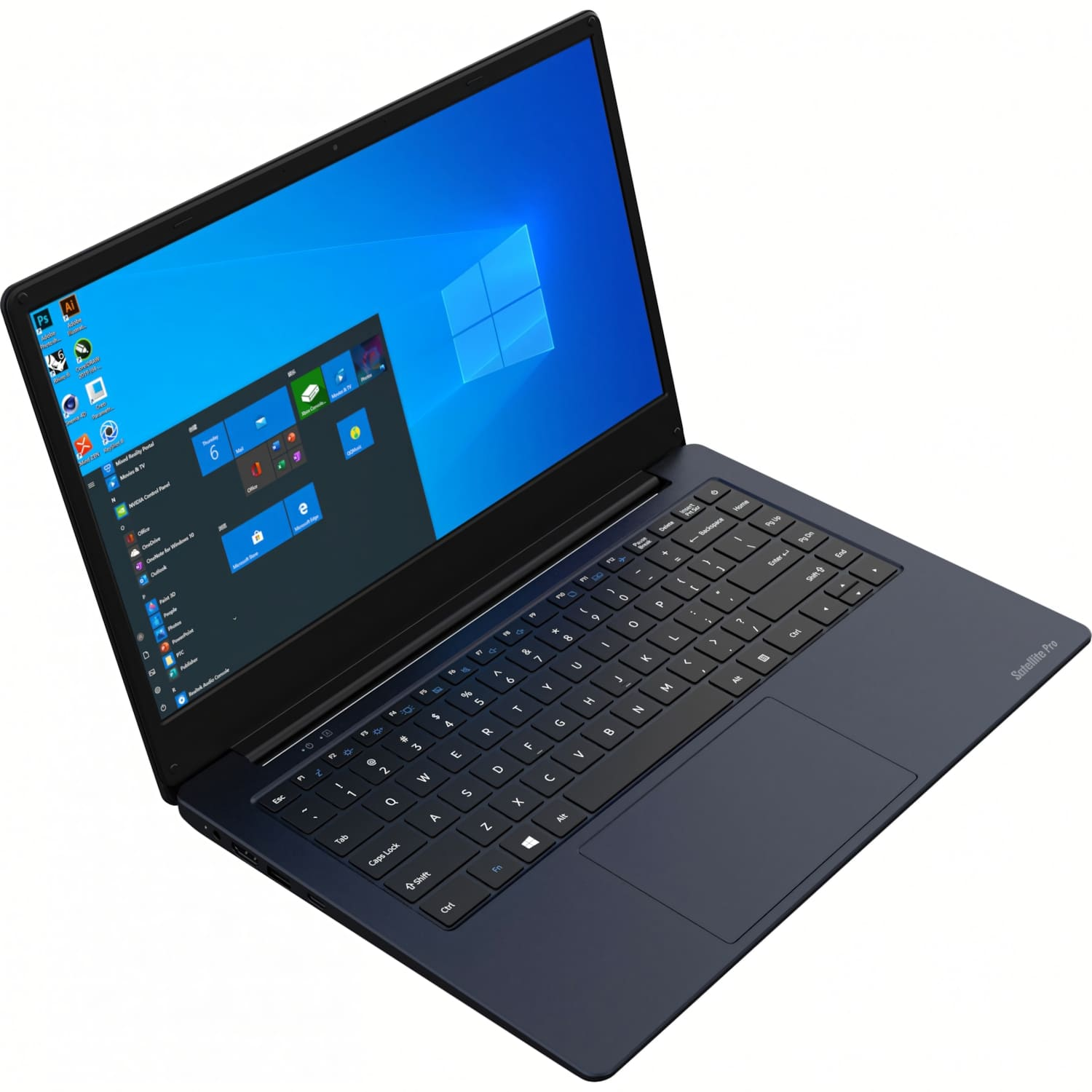 Un portátil azul oscuro con una pantalla azul que muestra el escritorio de Windows 10, teclado y panel táctil sobre fondo blanco.